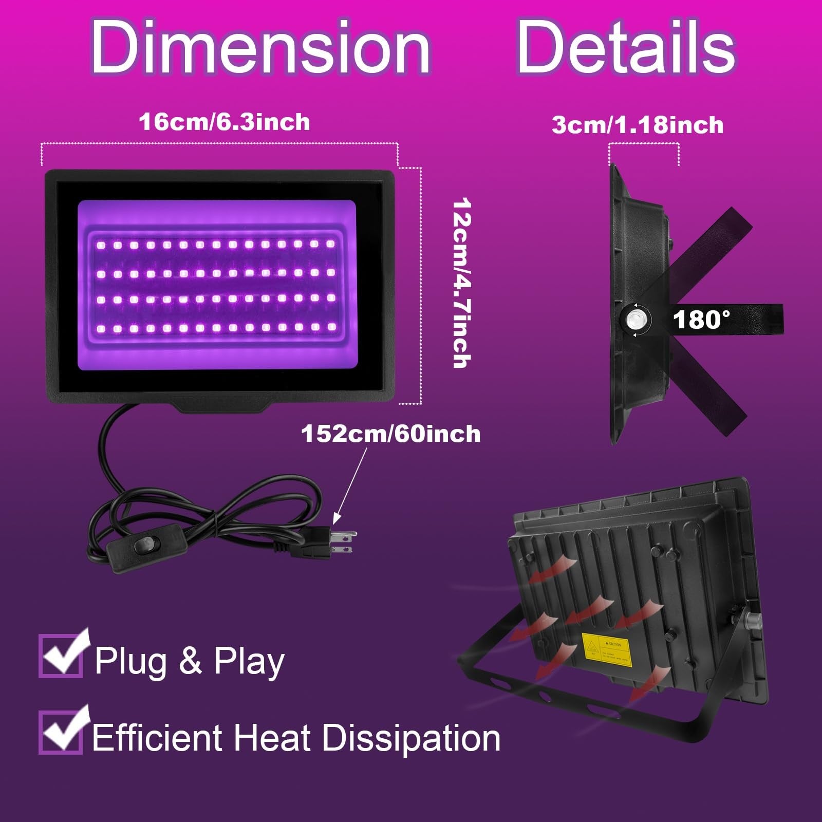 uwiner 2-pack 40W black LED blacklight with waterproof IP66 design, remote, and switch for outdoor or indoor use.