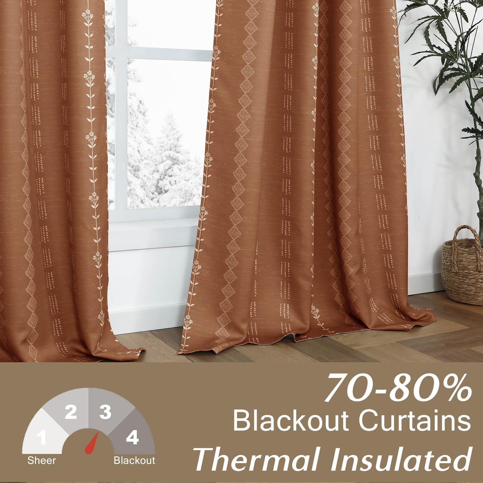 Lino Rosa black out room darkening curtains 63-inch long for bedroom windows, 2-panel set in black fabric