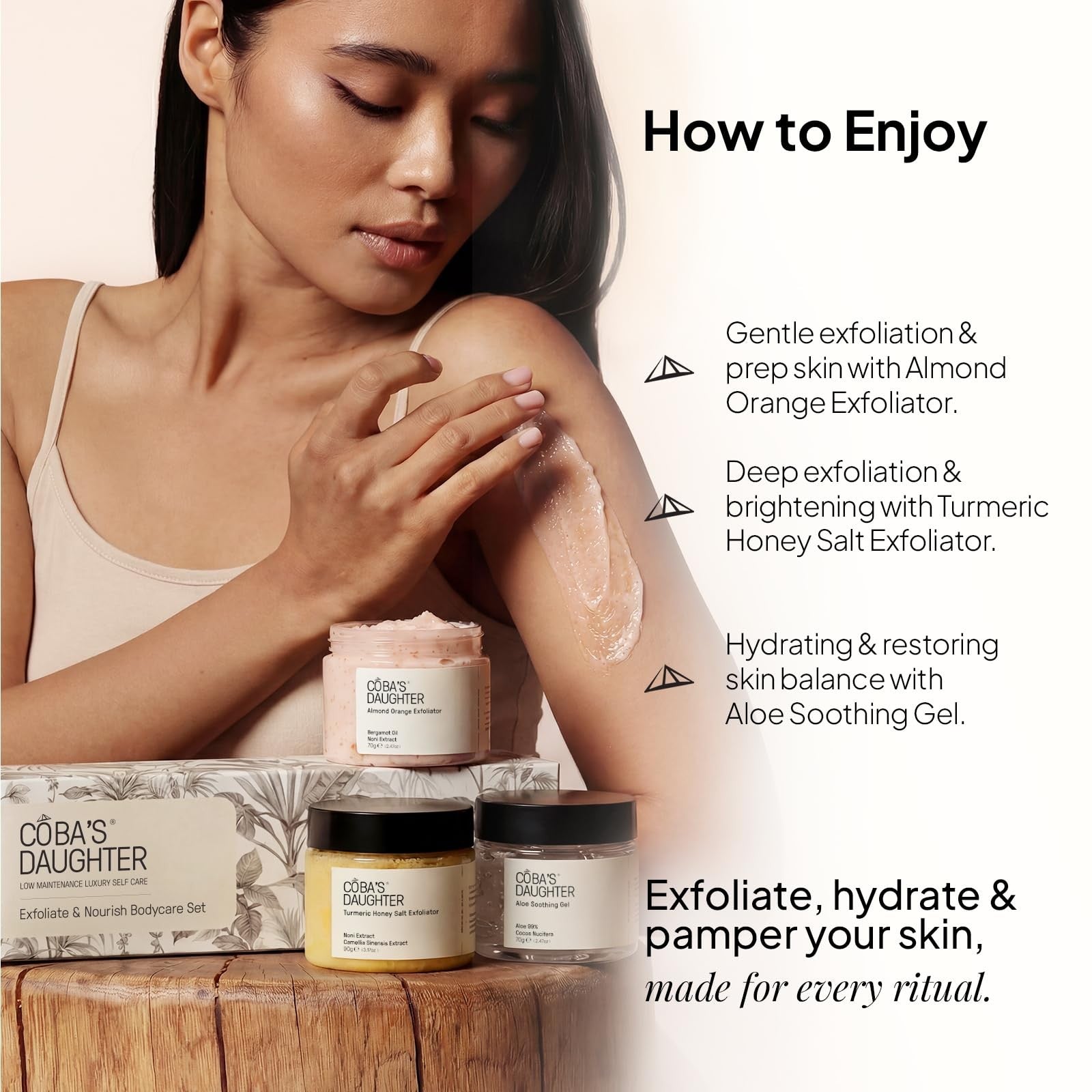 COBA'S DAUGHTER luxury spa gift set for women featuring three mini body care products with elegant packaging.