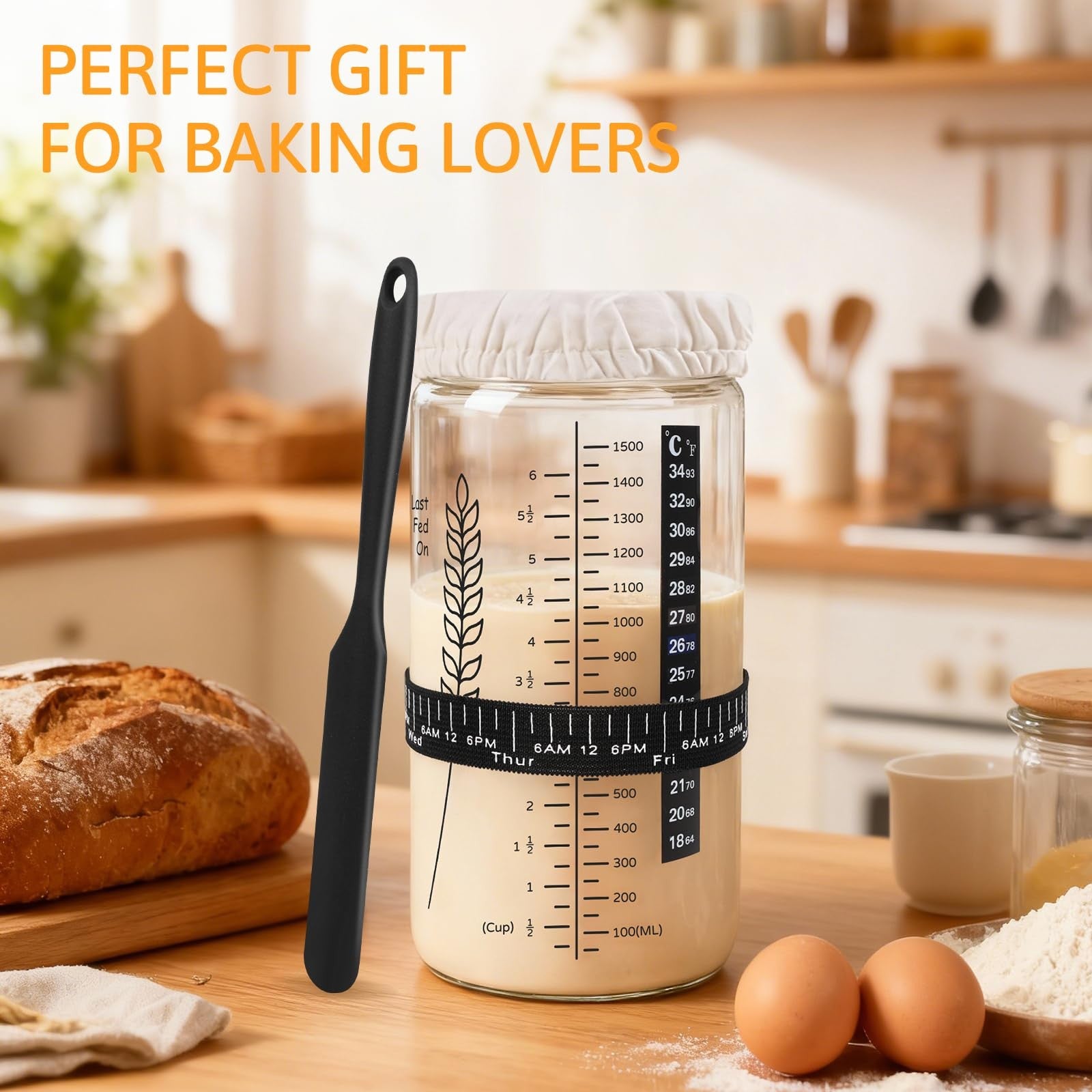 Rakovar 57oz sourdough starter jar kit with wide mouth, large capacity glass jar for fermenting sourdough bread starters.
