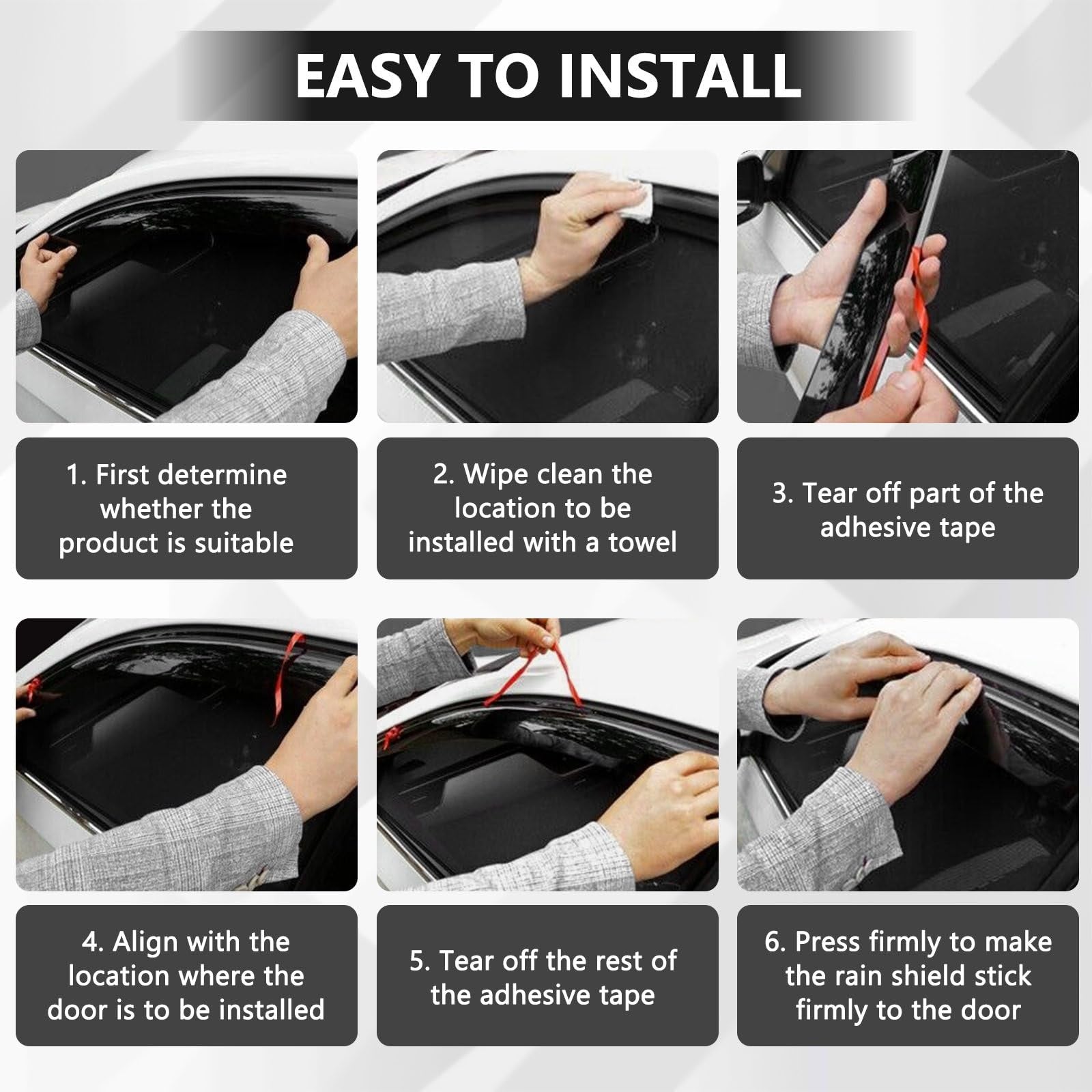 TECHPICCO tape-on rain guards for Ford Ranger 2024-2026 side windows, featuring clear, curved plastic deflectors installed on vehicle windows.