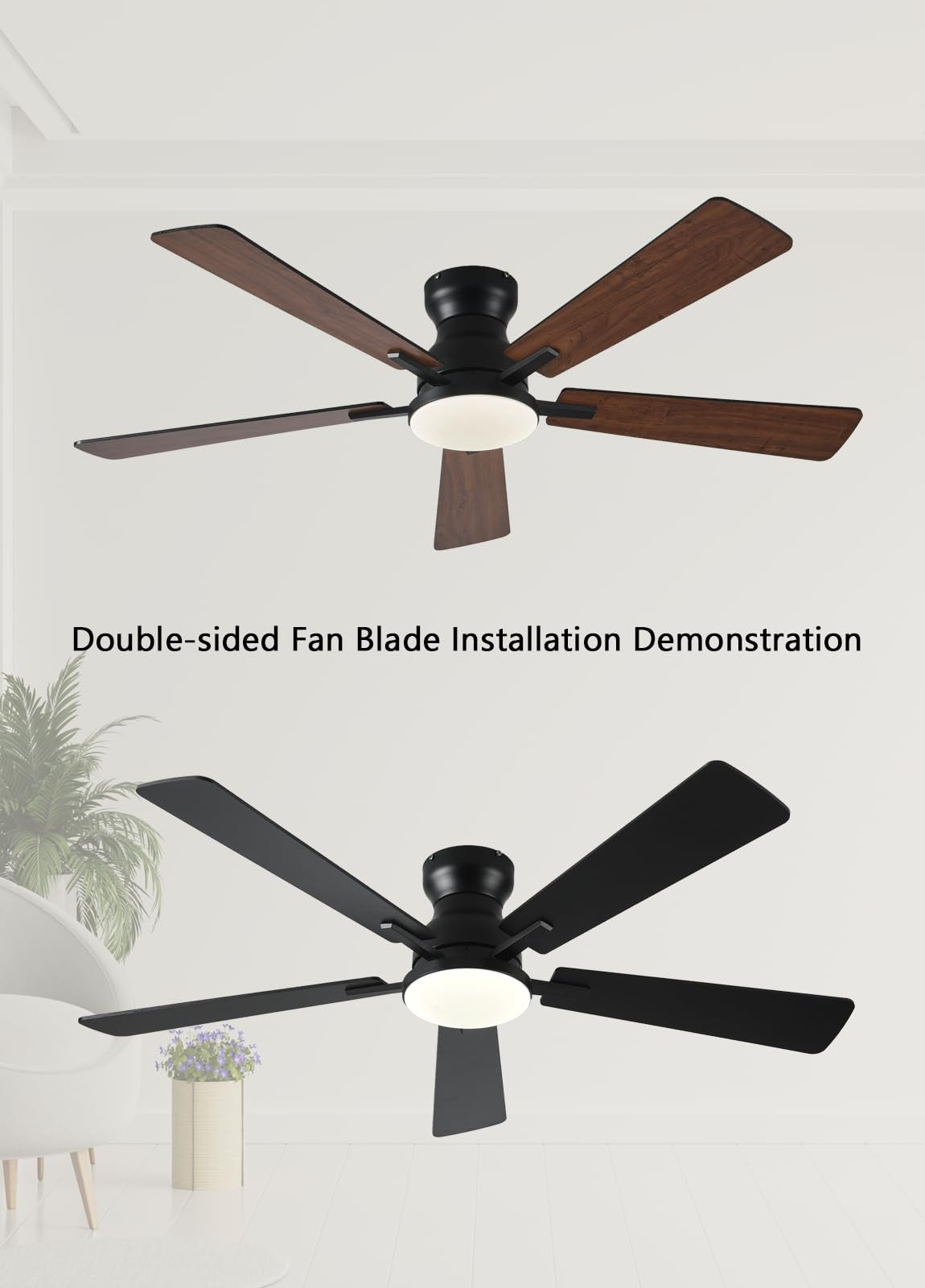 JSAITEE 52-inch ceiling fan with integrated light, remote control, and app compatibility, shown in modern room setting