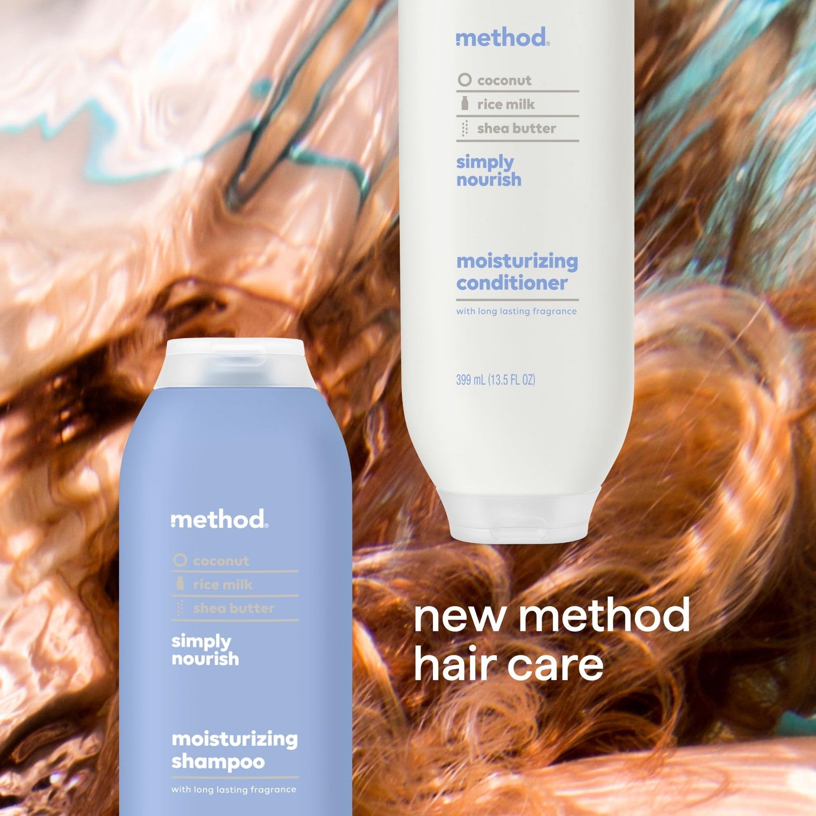 Method Simply Nourish body wash and hair care gift set with bottles featuring natural, nourishing formulas and sleek packaging.