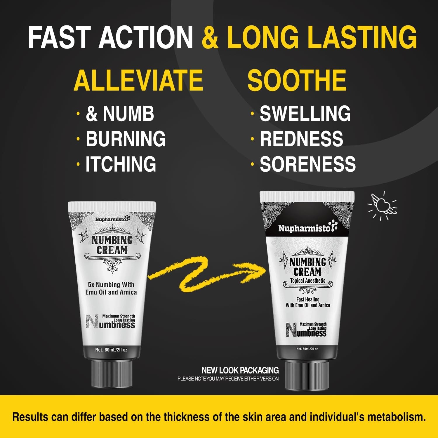 Nupharmco maximum strength numbing cream with menthol, arnica, and emu oil for long-lasting pain relief, shown in the image.