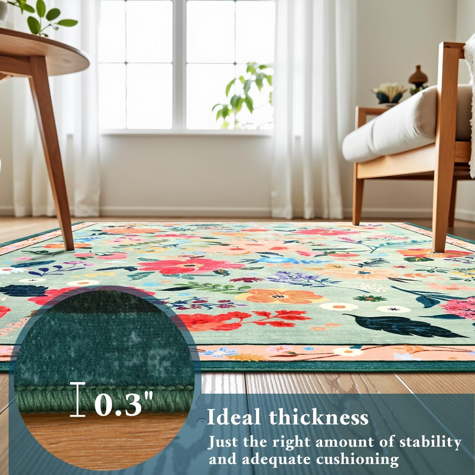 Macgace floral runner rug with 2x6 size, washable, non-slip backing, featuring colorful flower print on soft fabric surface.