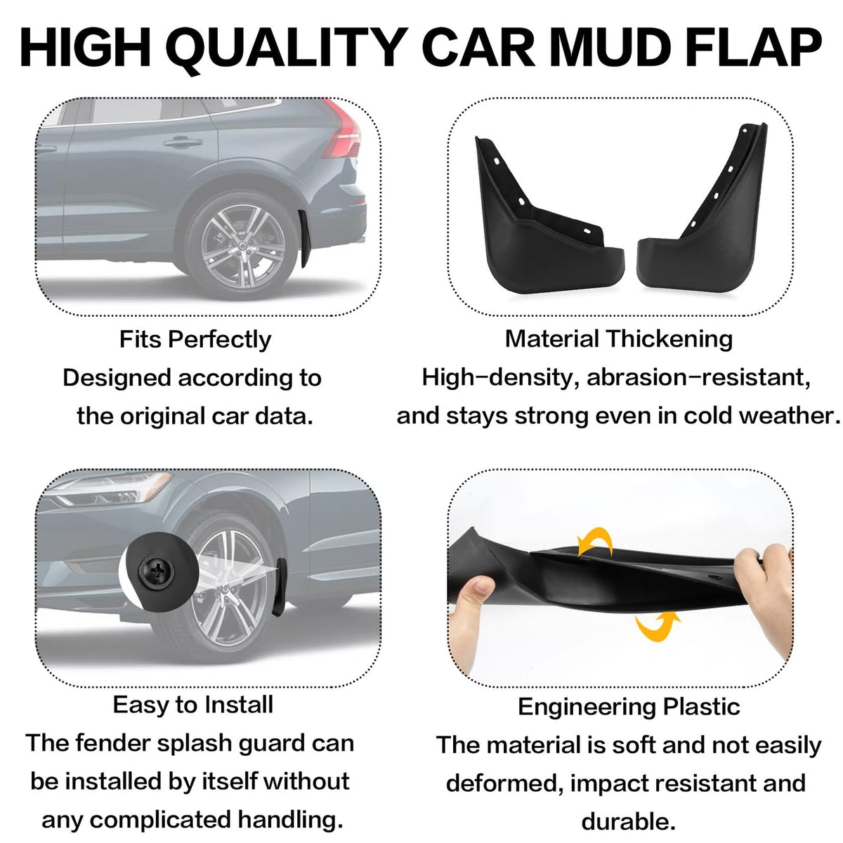 PSLER mud flaps set for Volvo XC60 2018-2024, four-piece mud guard kit with splash guards installed on vehicle wheels.