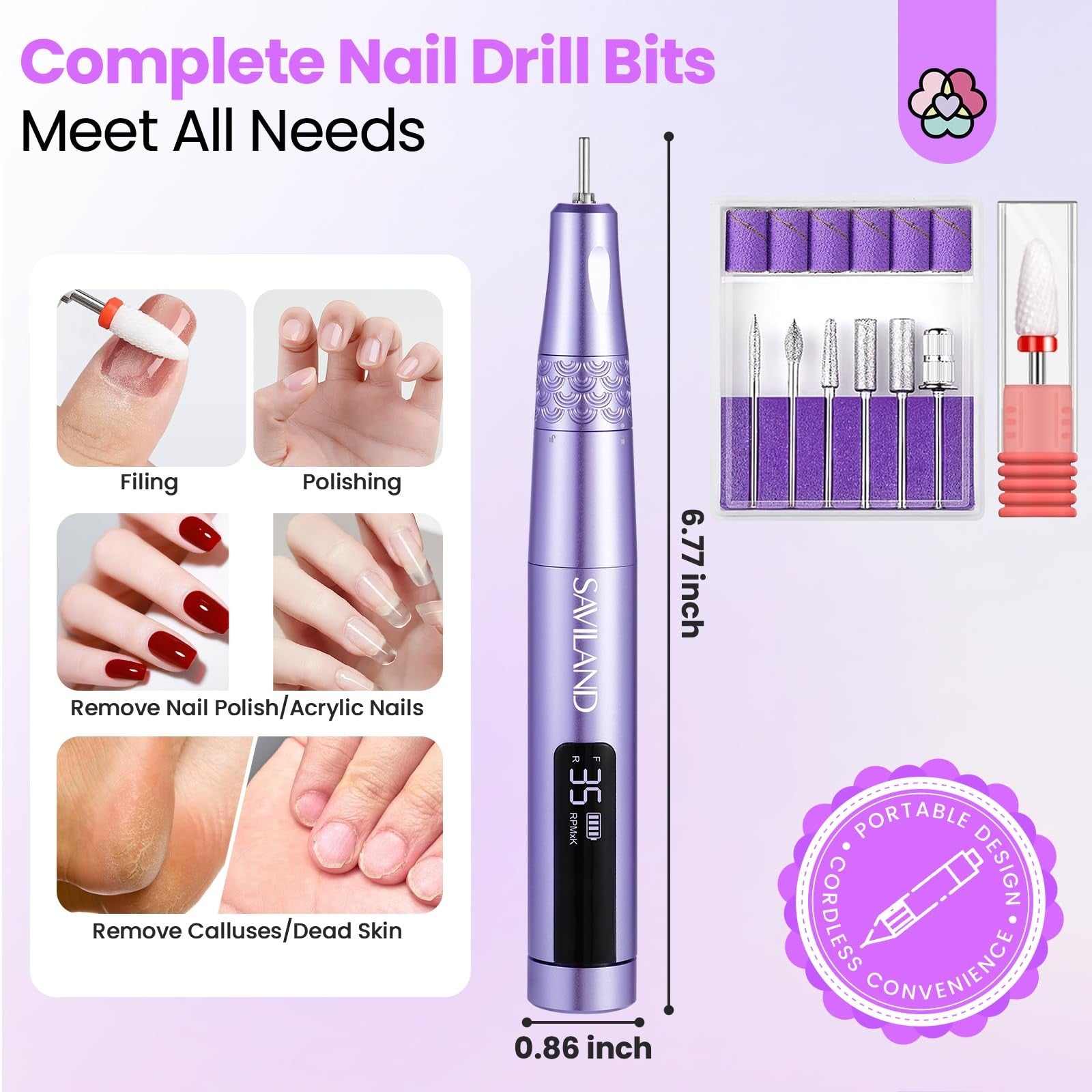 SAVILAND electric nail drill with cordless design and 35000RPM speed, portable nail file for professional manicure and pedicure use.