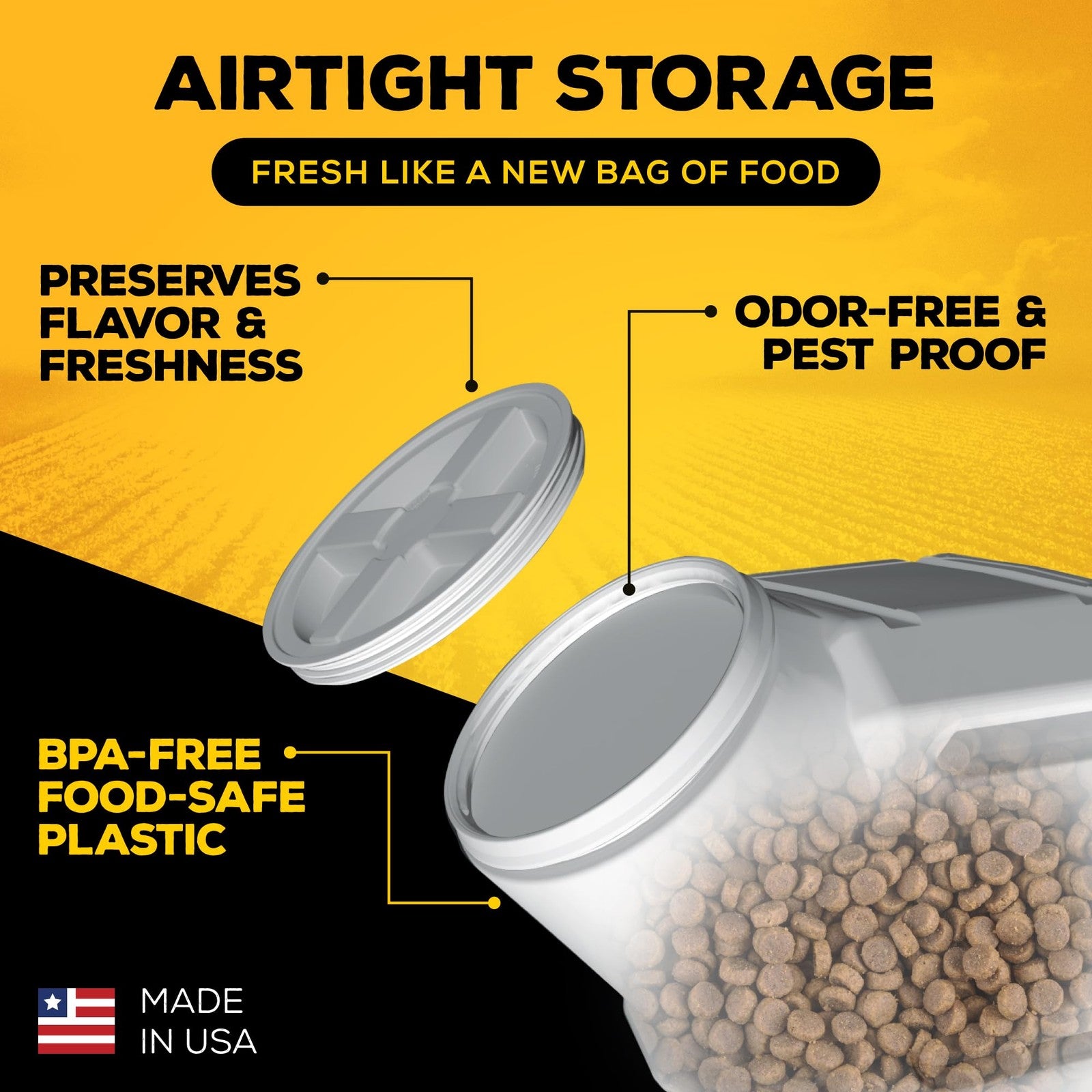 Gamma2 Vittles Vault pet food storage container with airtight seal, suitable for dog and cat food, in a durable, clear plastic design.