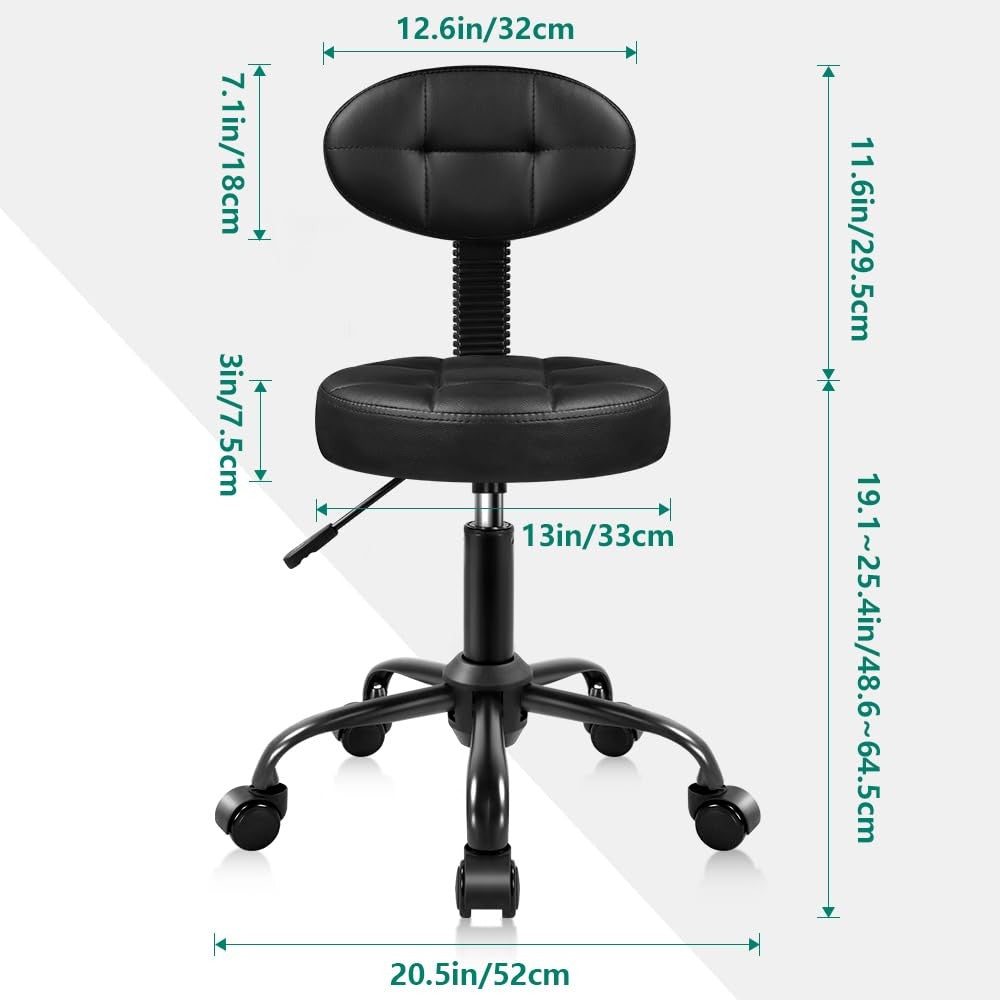 BFTOU round adjustable stool with backrest, suitable for work, spa, or home massage settings, featuring a height-adjustable design.