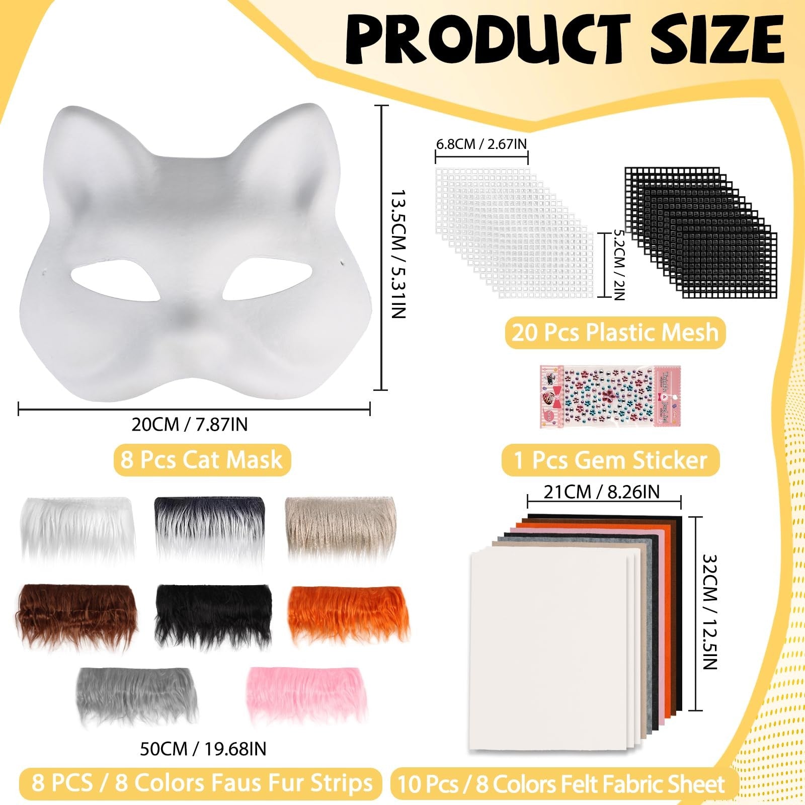 Giftota 47-piece DIY Therian mask kit with 8 blank cat masks for boys and girls, includes craft supplies and decorating tools.