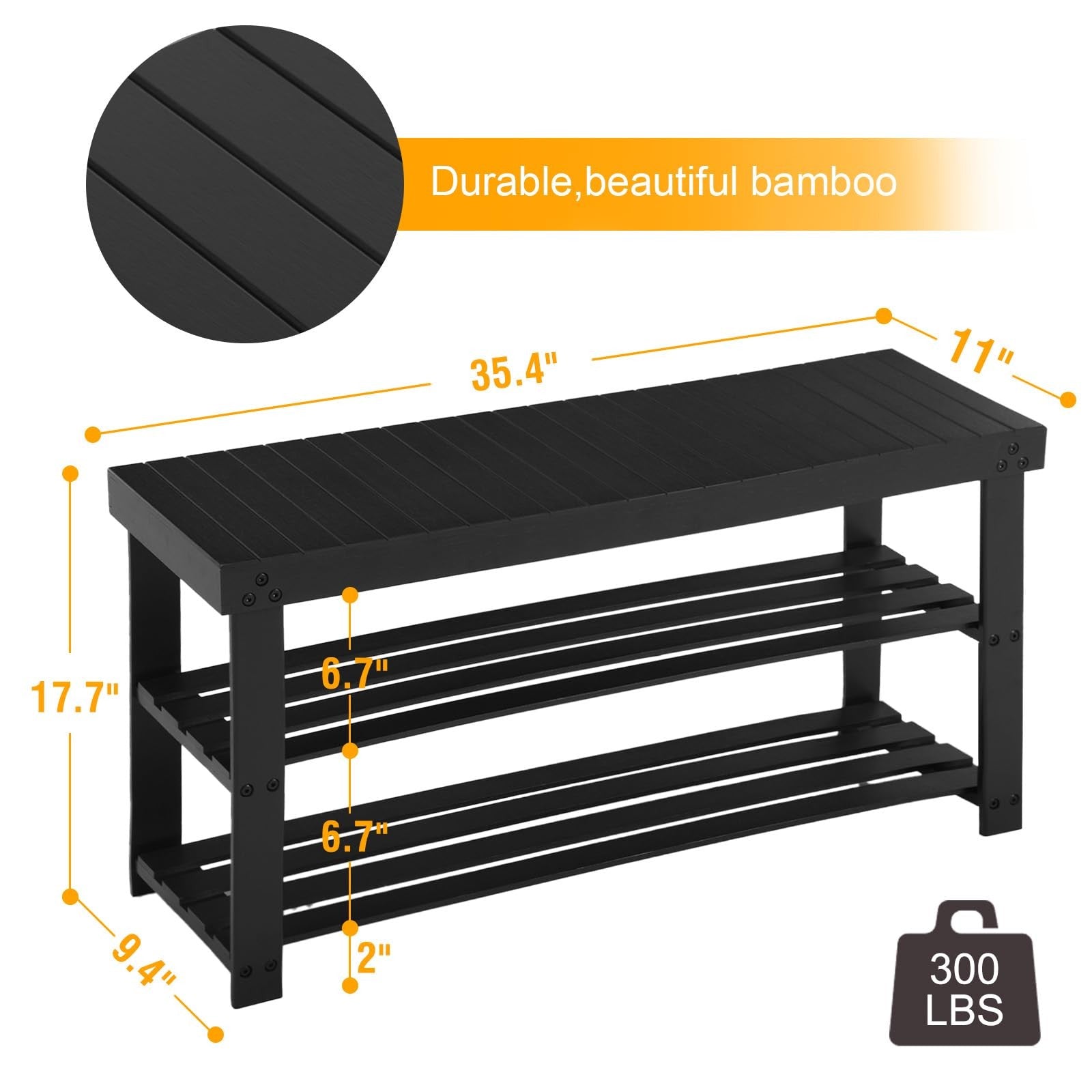 Apicizon 3-tier bamboo shoe rack bench with black finish, entryway organizer and storage solution, 35.4 inches long
