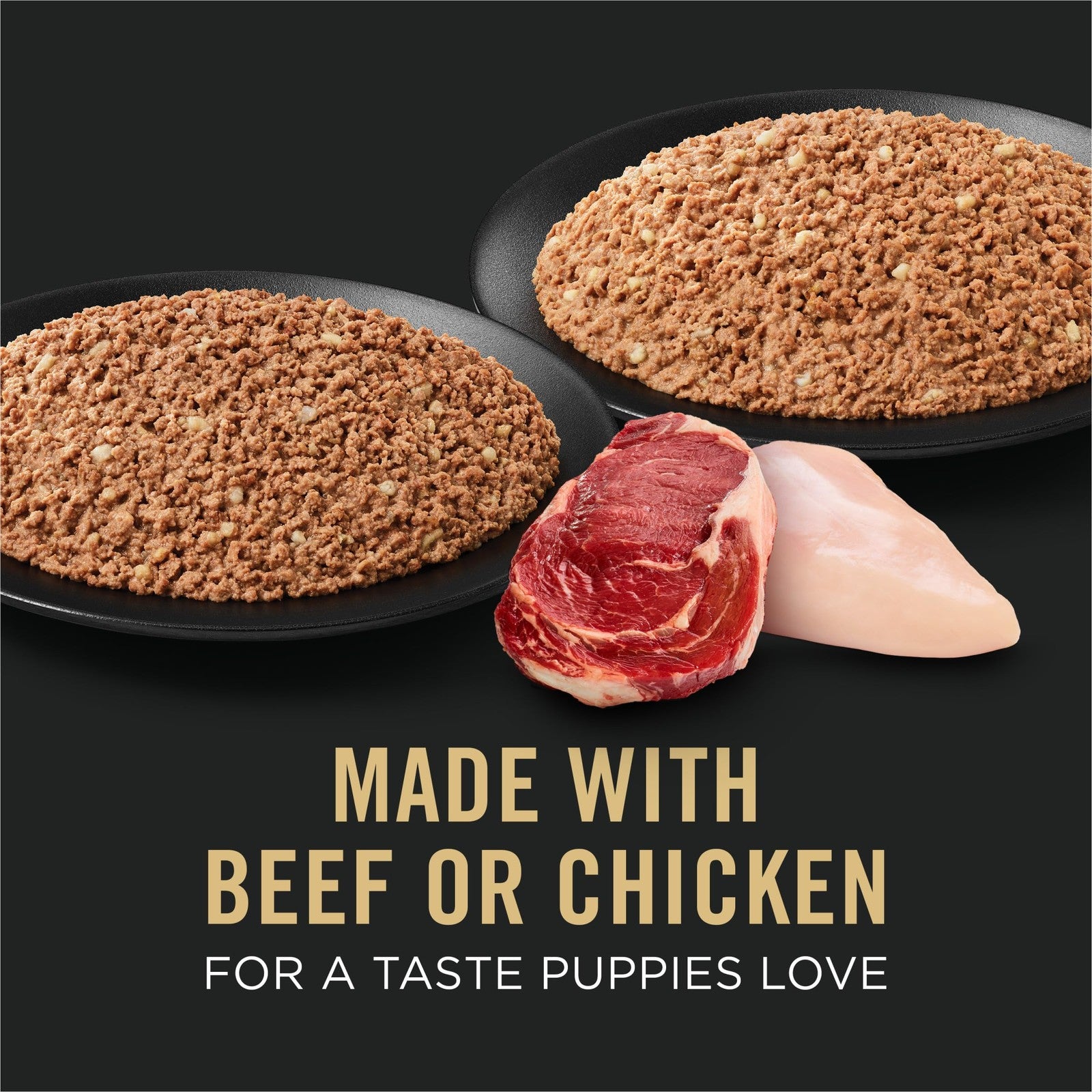 Canned Purina Pro Plan Sport high protein puppy food with beef, rice, and chick in a silver bowl, showing the wet dog food.