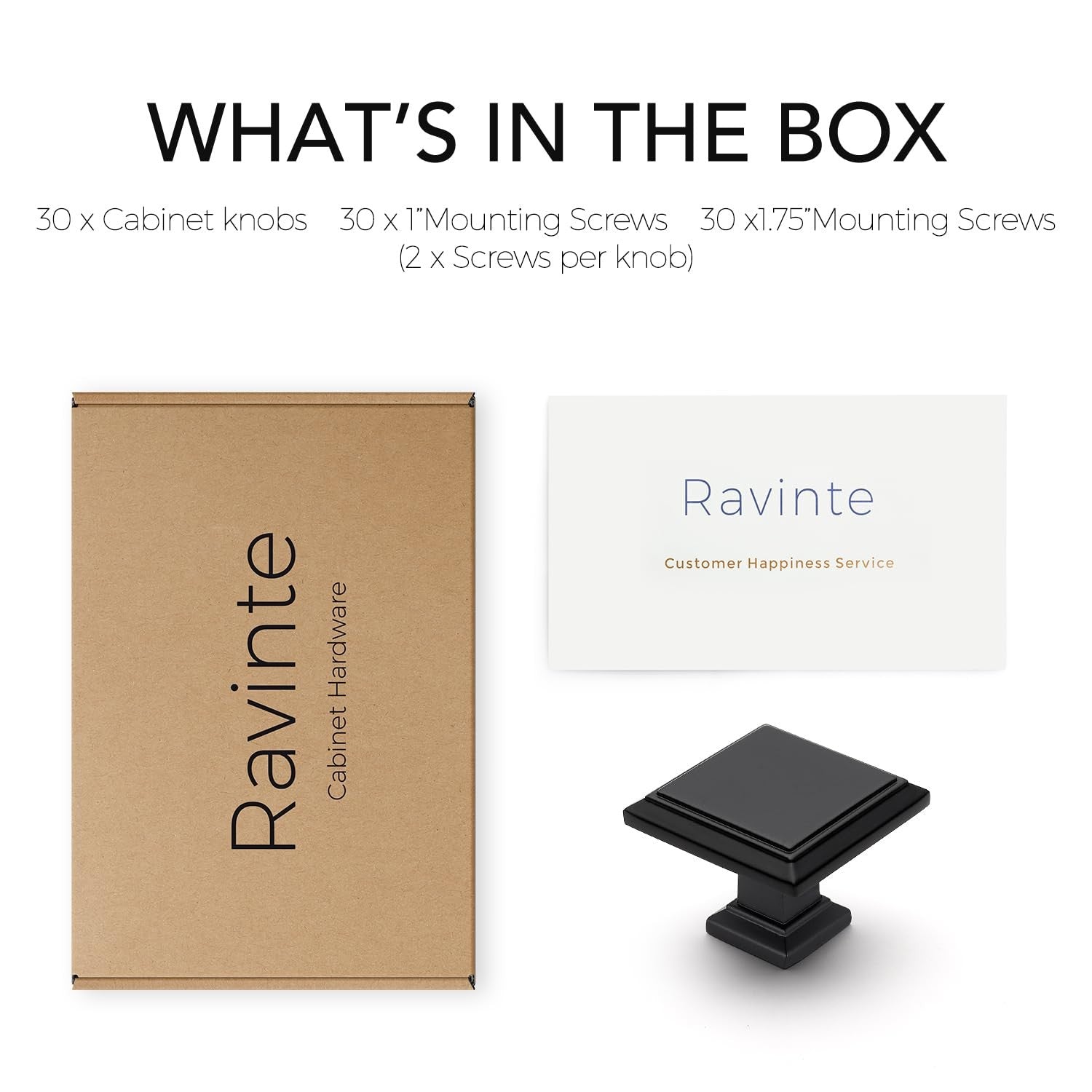 Ravinte 30-pack matte black square cabinet knobs and drawer pulls for kitchen or furniture cabinetry.