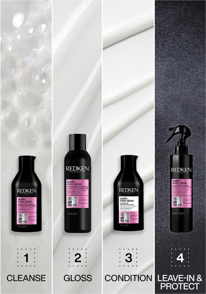 Redken Acidic Color Gloss treatment for color-treated hair, showing a clear glass bottle with the product label.