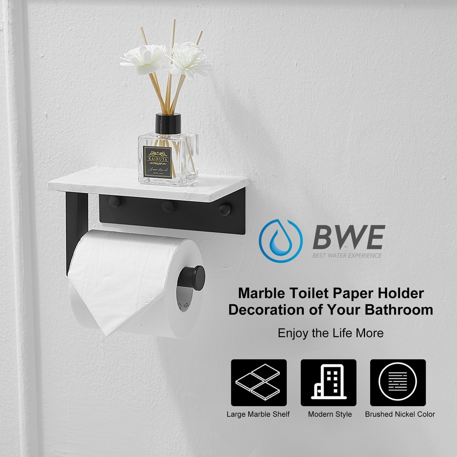 Matte black BWE marble toilet paper holder with shelf, wall-mounted, made of stainless steel, for bathroom storage and organization