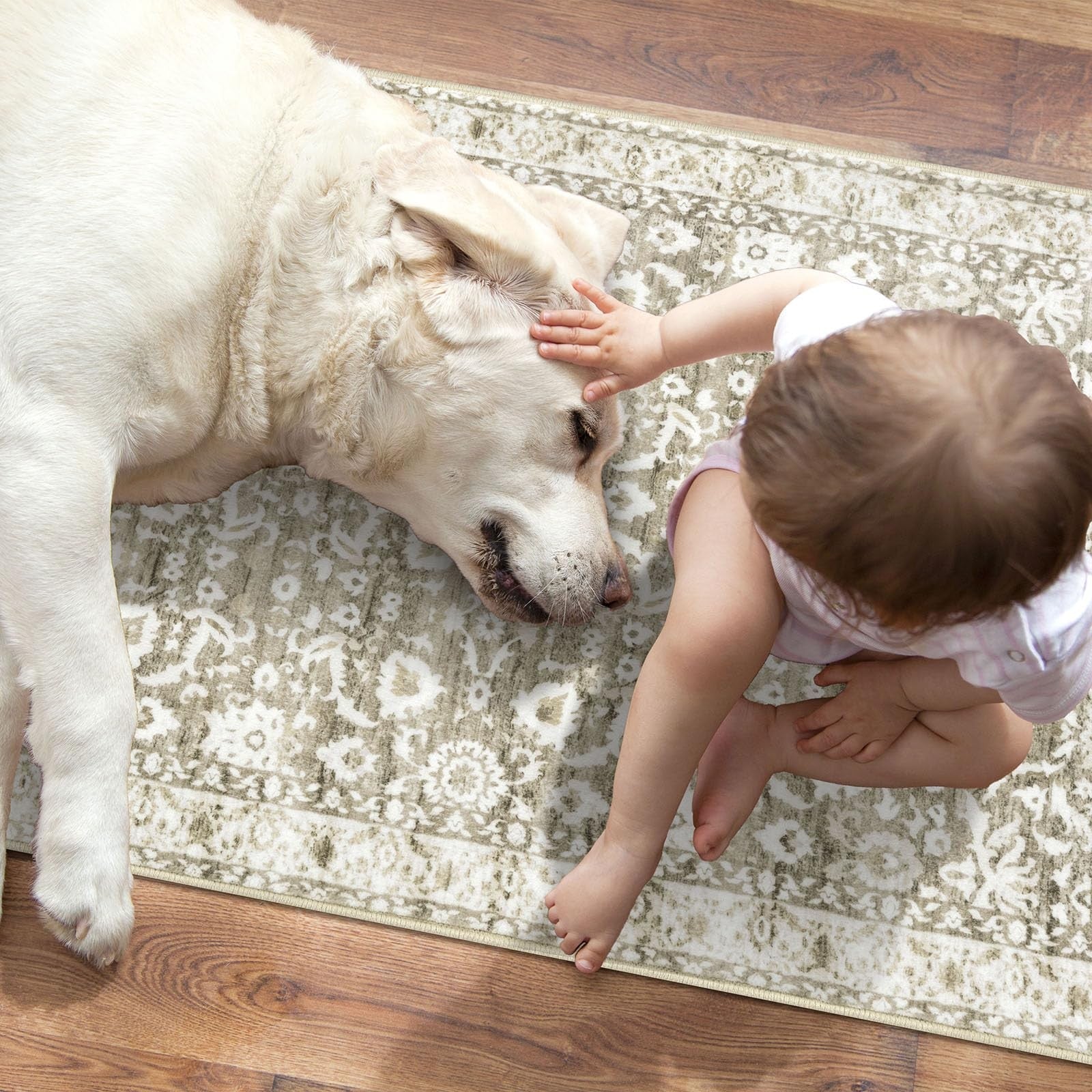 Lansny vintage floral 2x7 beige and tan washable kitchen runner rug with non-slip backing, featuring a white wash design.