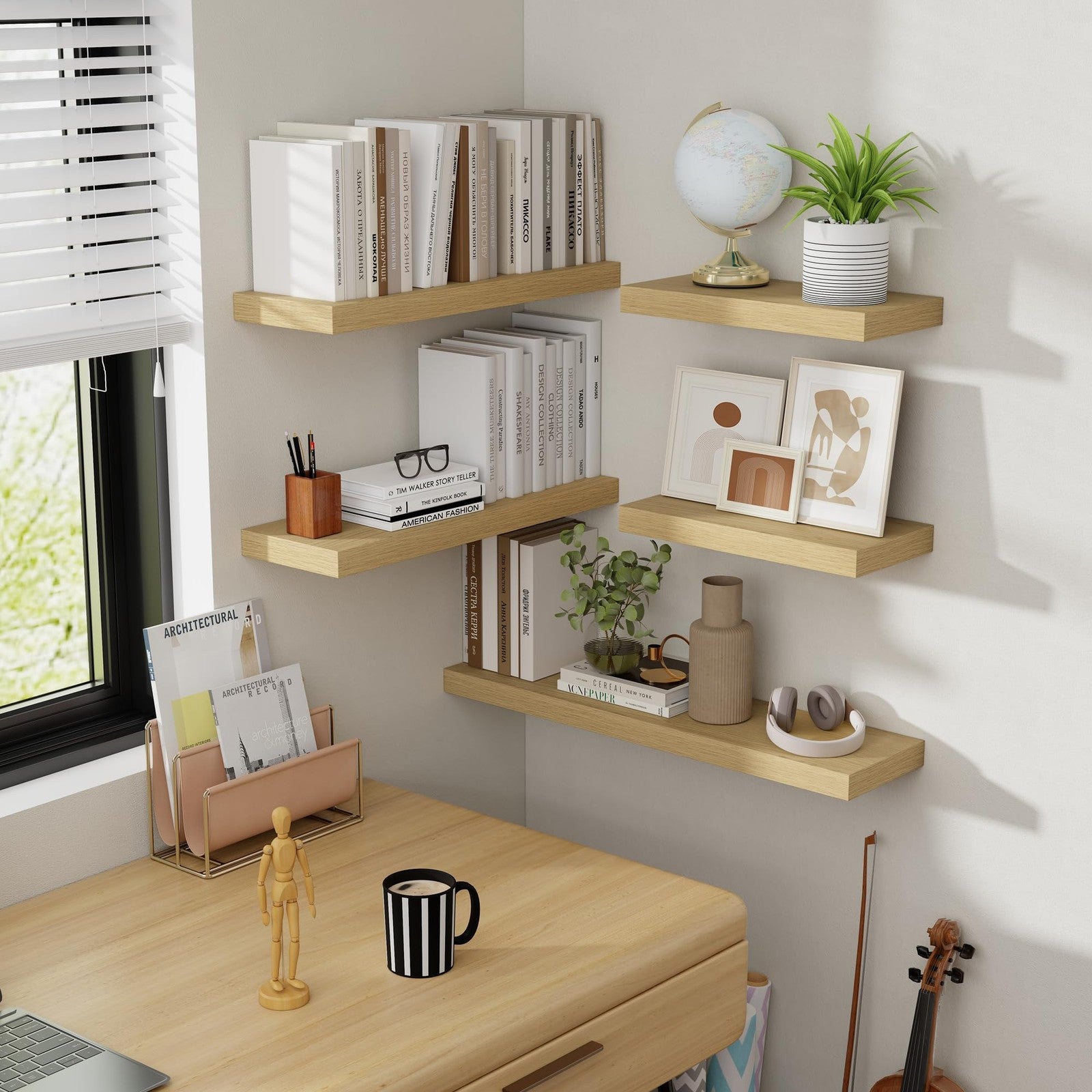 Acovy 24-inch floating wall shelves, 8-inch deep, mounted on a wall with decorative plants and books for stylish storage.