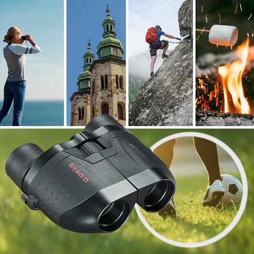 TASCO Essentials 8-24x25 binoculars with adjustable zoom and compact design, suitable for outdoor and wildlife viewing.