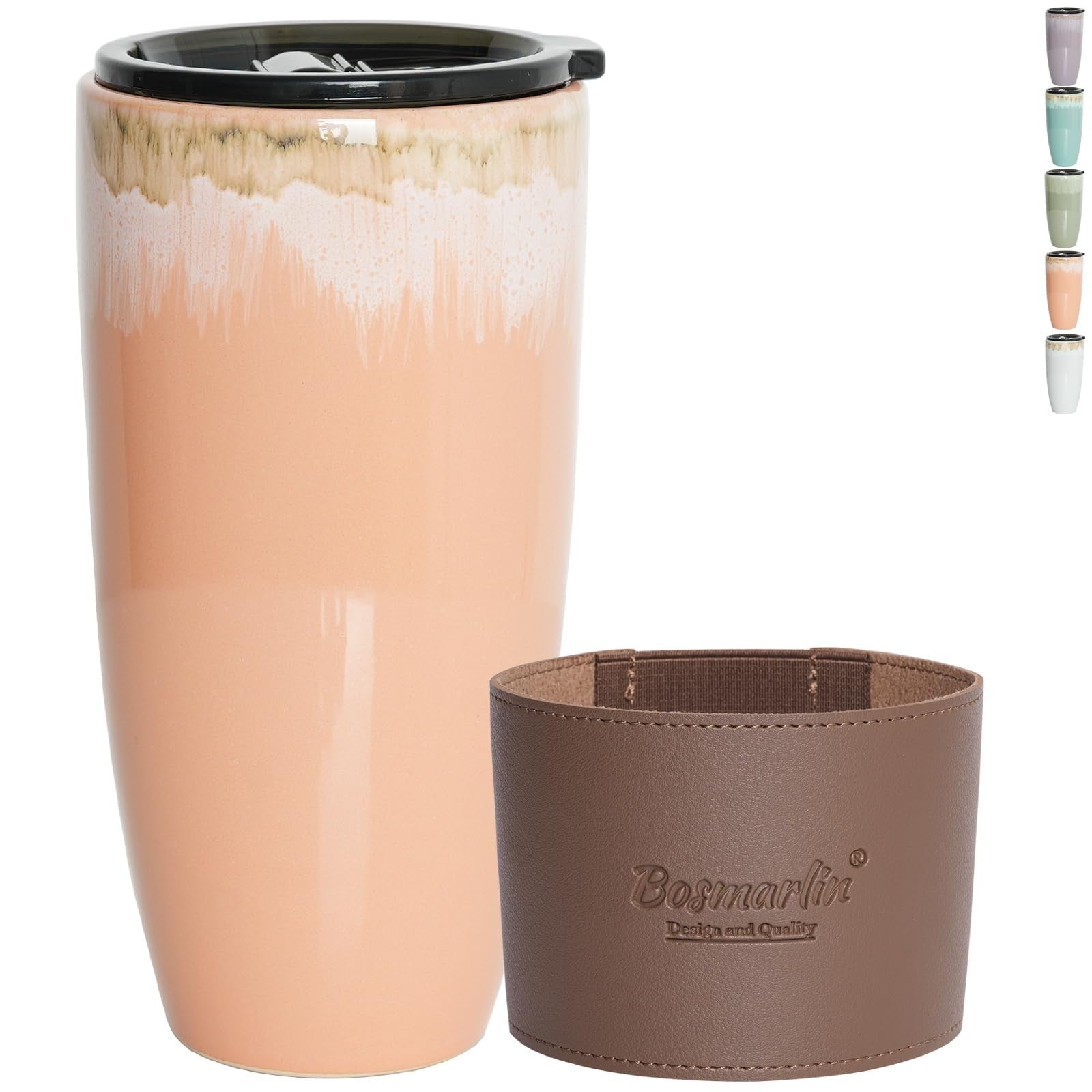 Bosmarlin ceramic travel coffee mug with lid, 21 oz, portable car coffee cup, durable travel mug for hot beverages