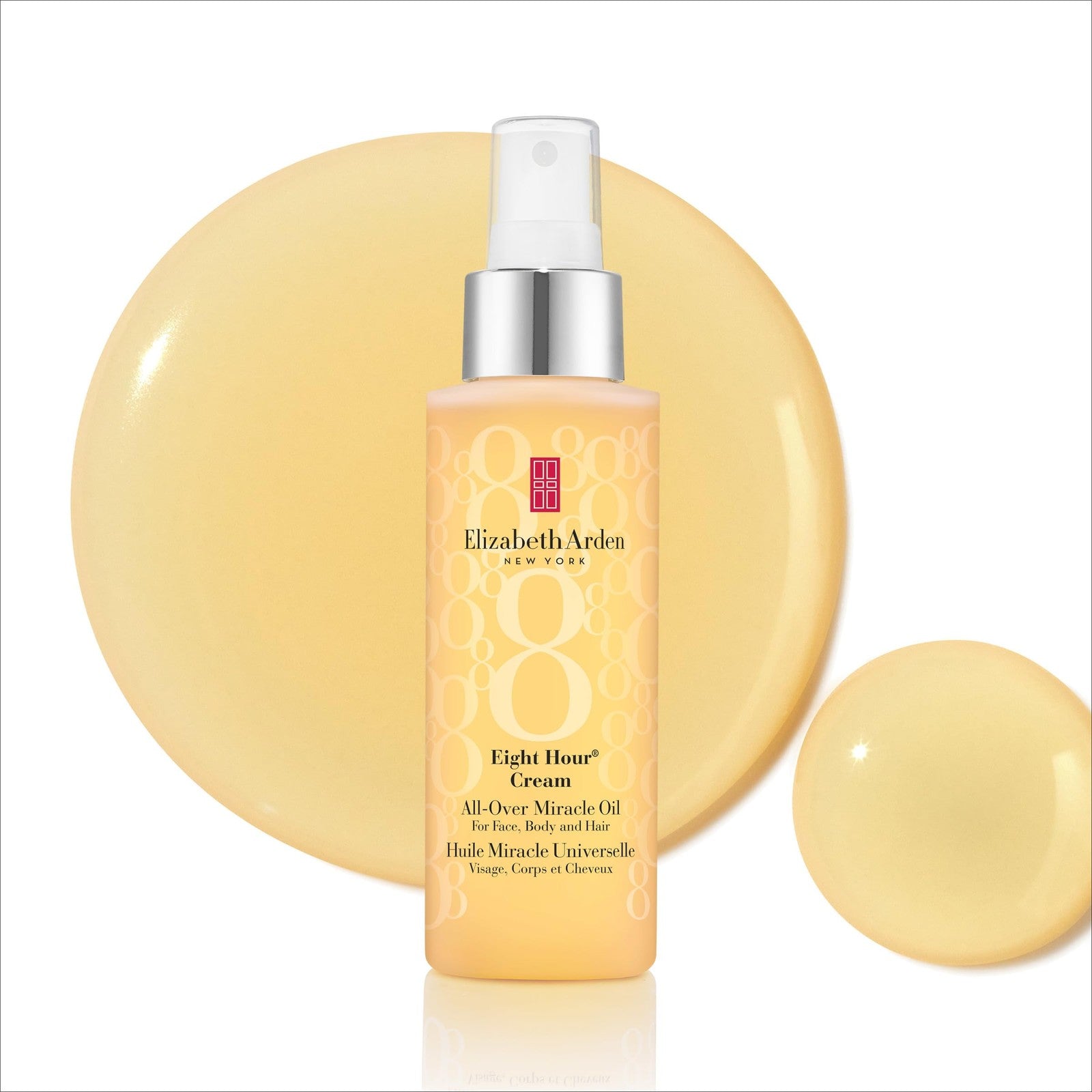Elizabeth Arden Eight Hour All-Over Miracle Oil bottle, featuring a clear glass container with a gold cap and label, on a white background.