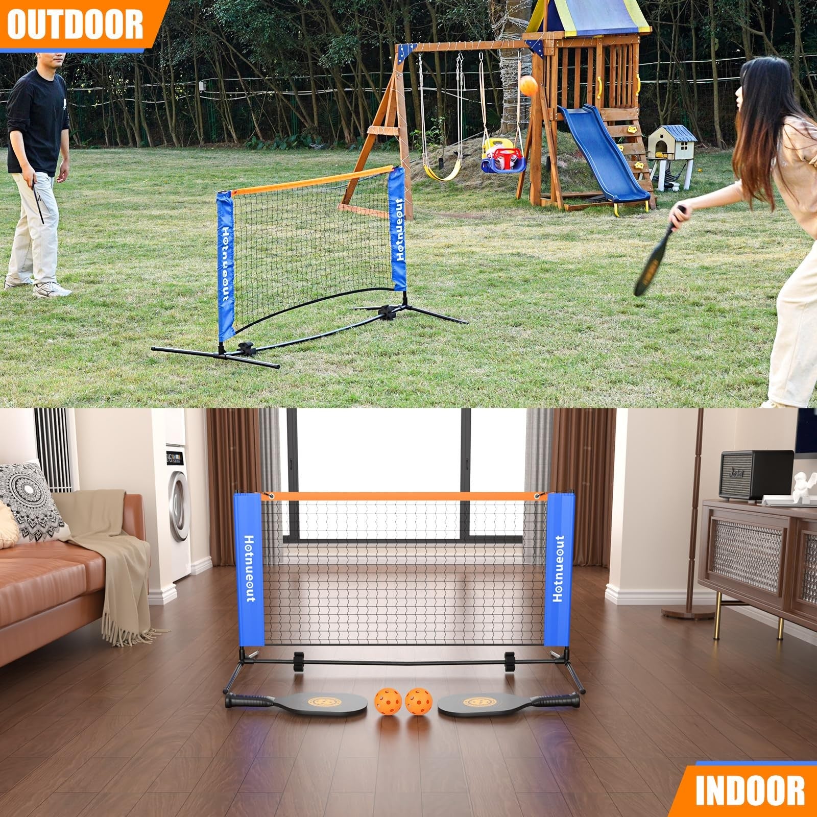 Portable 5FT mini pickleball net by Hotnueout set up outdoors, ideal for driveway practice and casual pickleball games.
