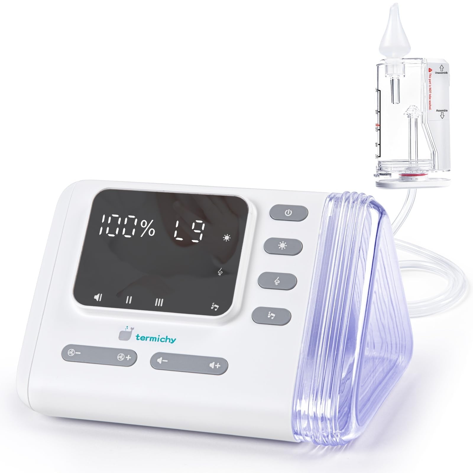 Termichy electric nasal aspirator for babies with rechargeable design and 9 levels of suction for effective nasal clearing.