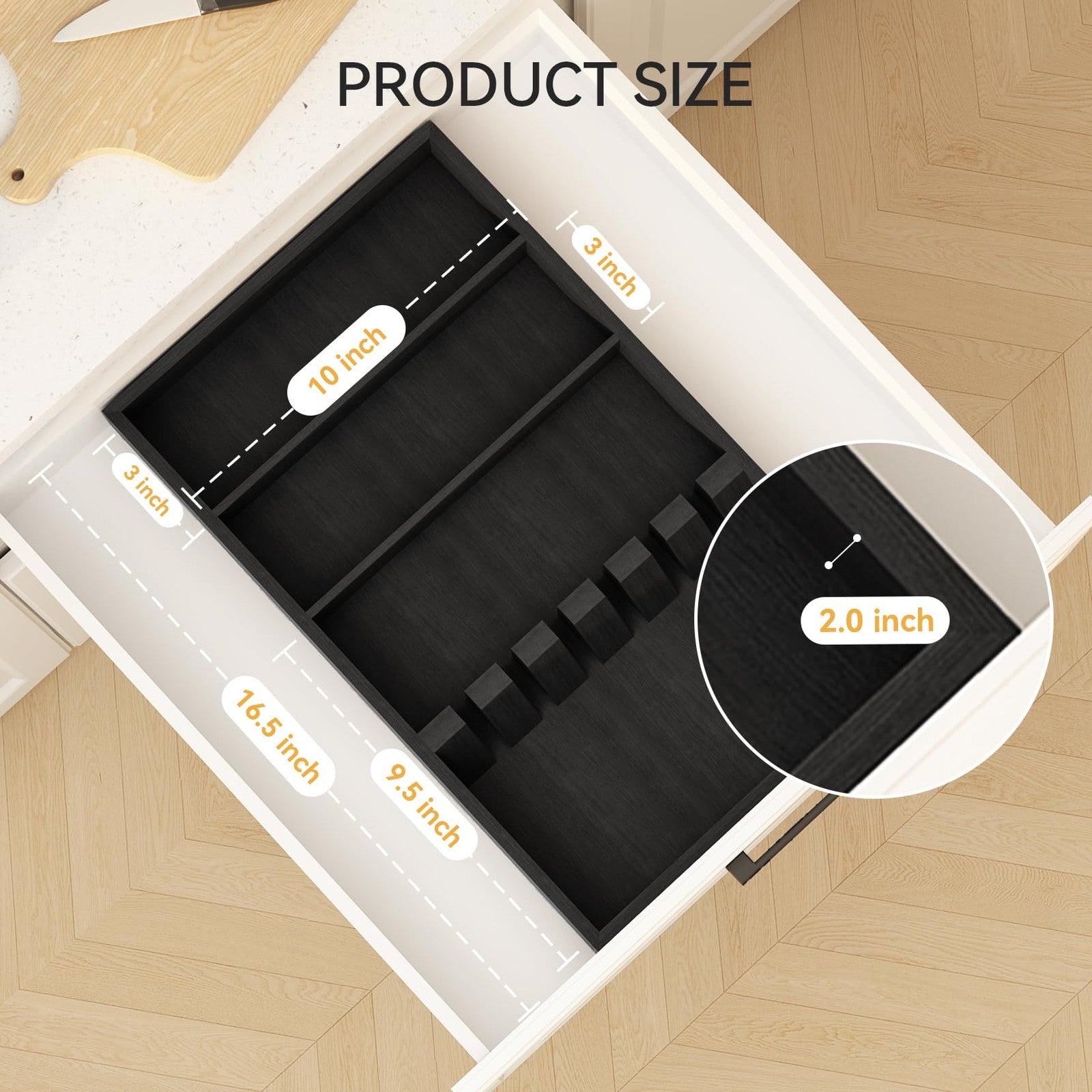 Yofidra Pure Bamboo Silverware Drawer Organizer with three compartments in a kitchen drawer for utensils and cutlery.