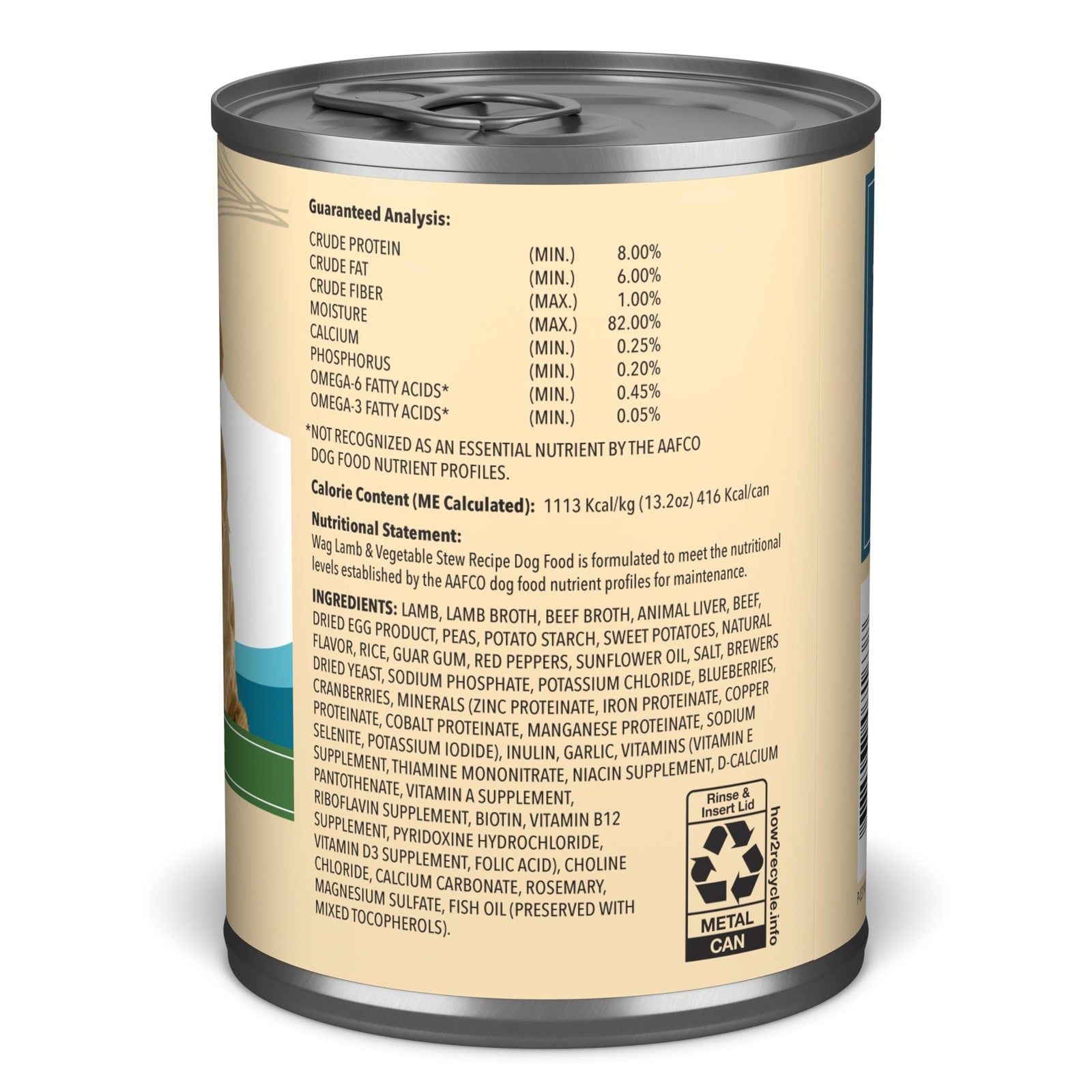 WAG Wet Dog Food Stew Lamb and Vegetables in gravy, 13.2oz can, pack of 12, featuring a can with lamb chunks and vegetables.