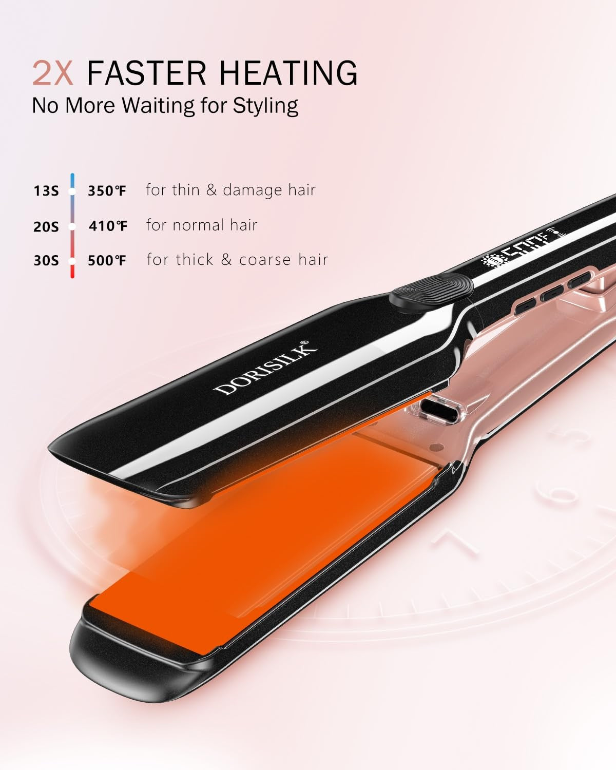 DORISILK 500 Degree High Temp Professional Hair Straightener with ceramic wide flat plates for smooth styling.