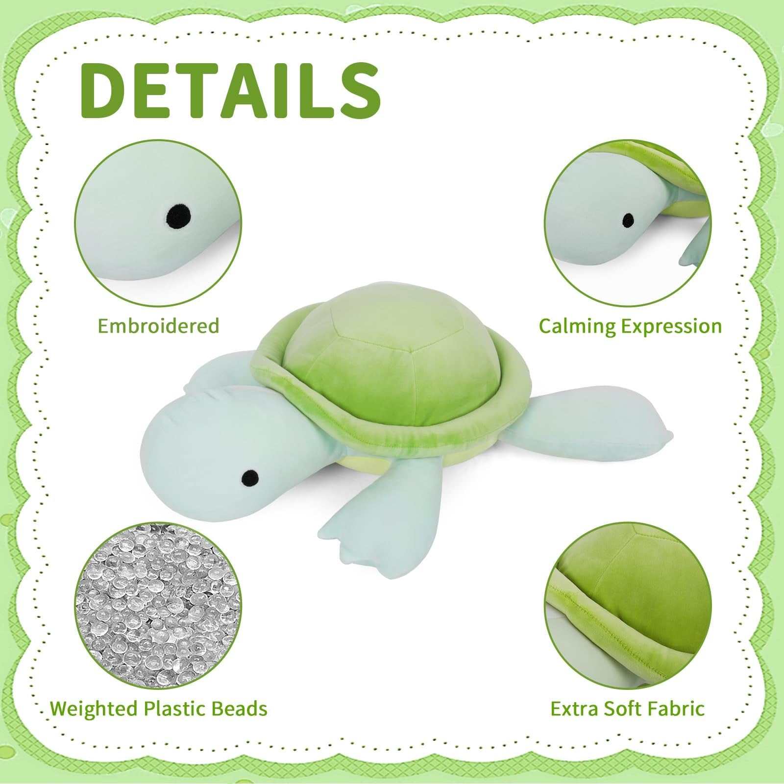 Weighted sea turtle plush toy 22-inch green cuddly stuffed animal with 4.2 lbs weight for hugging and lumbar support