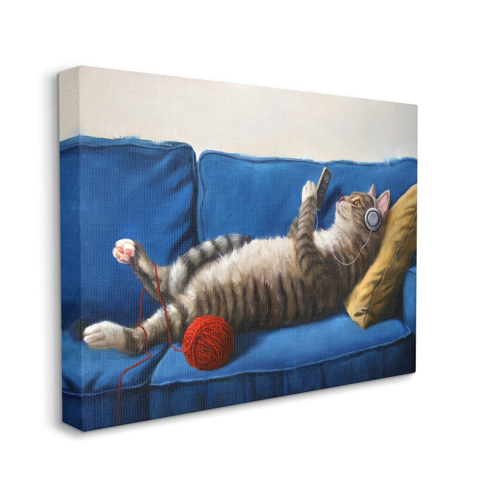 Stupell Industries cat couch relaxing red yarn ball pet portrait wall art by Luci featuring a cozy cat and colorful yarn design