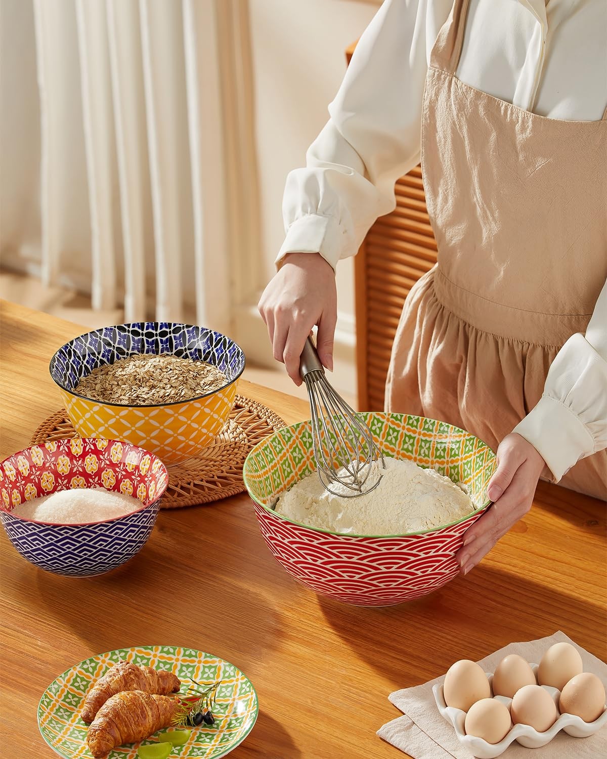 Set of colorful Metahom ceramic mixing bowls for kitchen, nesting large serving bowls for baking and food prep.