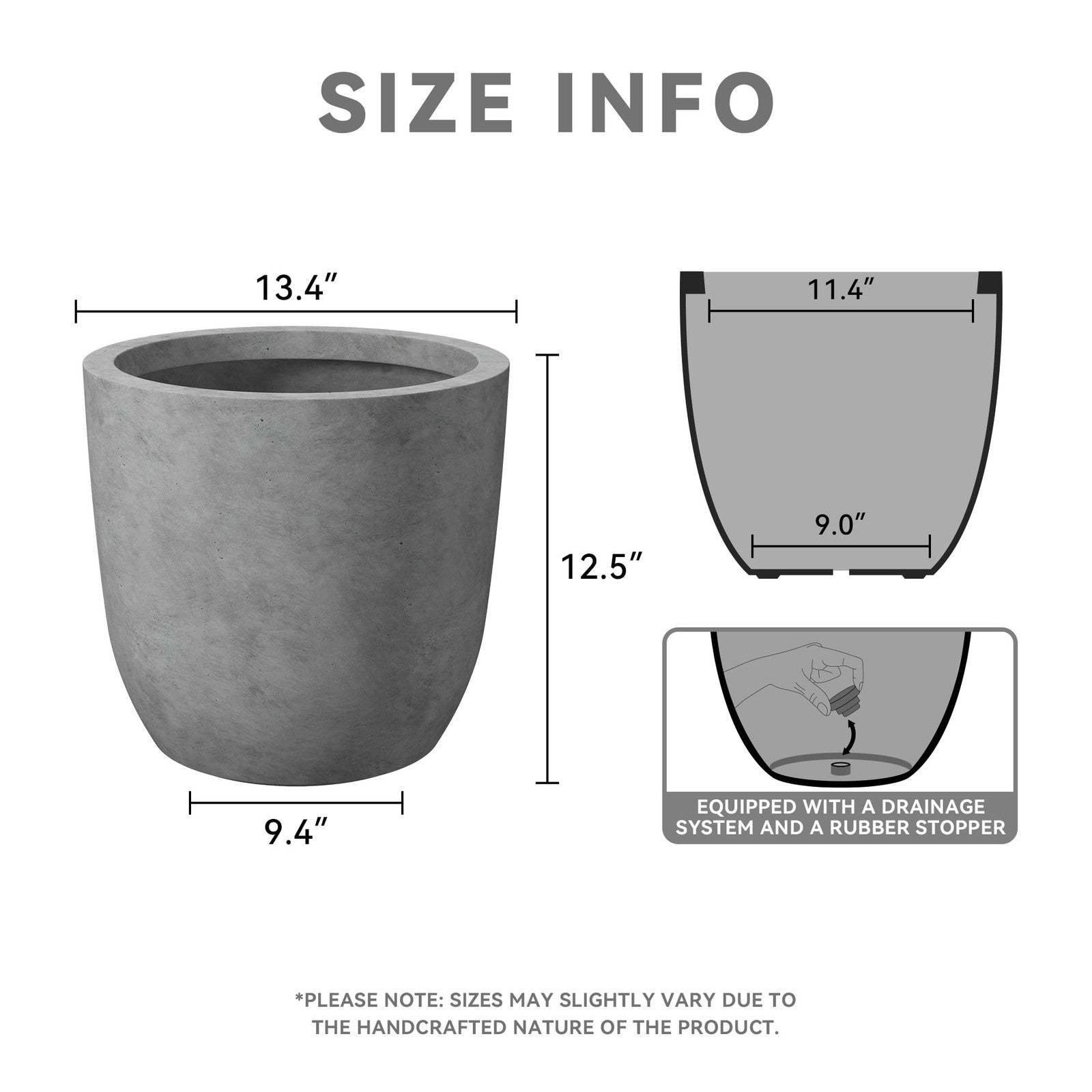 Large round Kante concrete planter with 13.4-inch diameter, modern outdoor and indoor decorative outdoor planter.