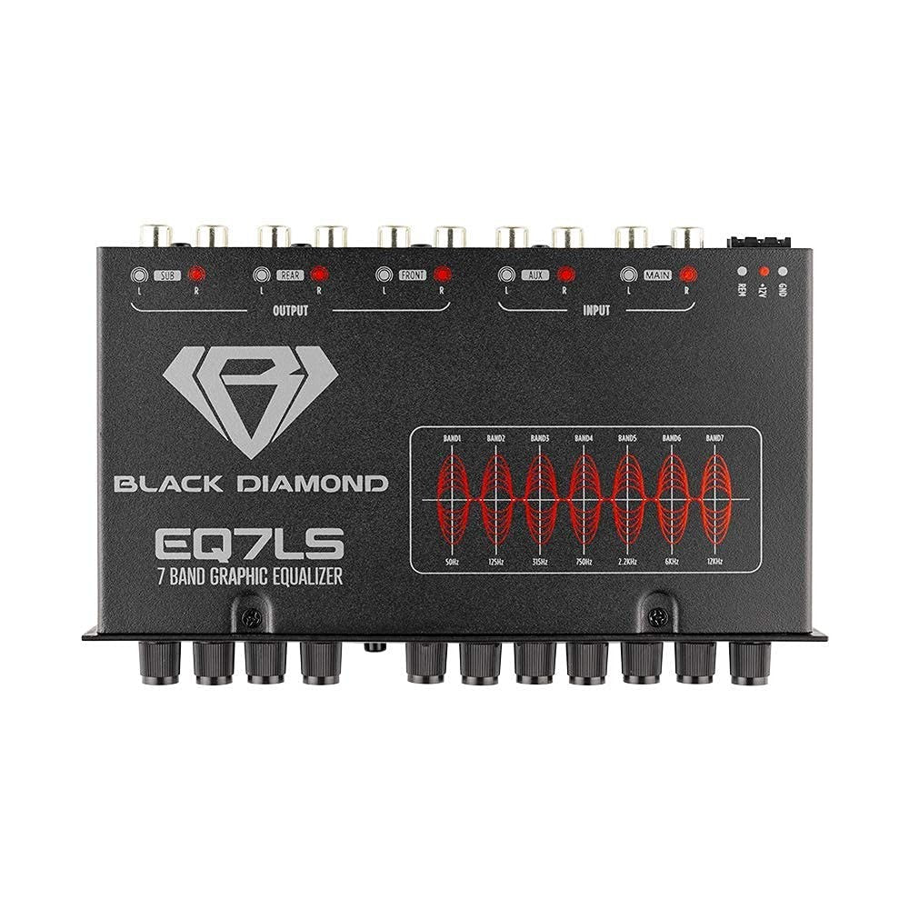 Black Diamond EQ7LS 7-band stereo equalizer and crossover preamp for car audio systems, with black finish and control knobs.