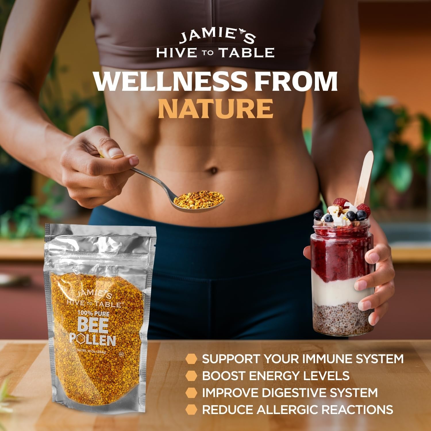Jar of Jamie's Hive to Table Raw Bee Pollen, 10 oz, showing golden bee pollen granules in a clear container.