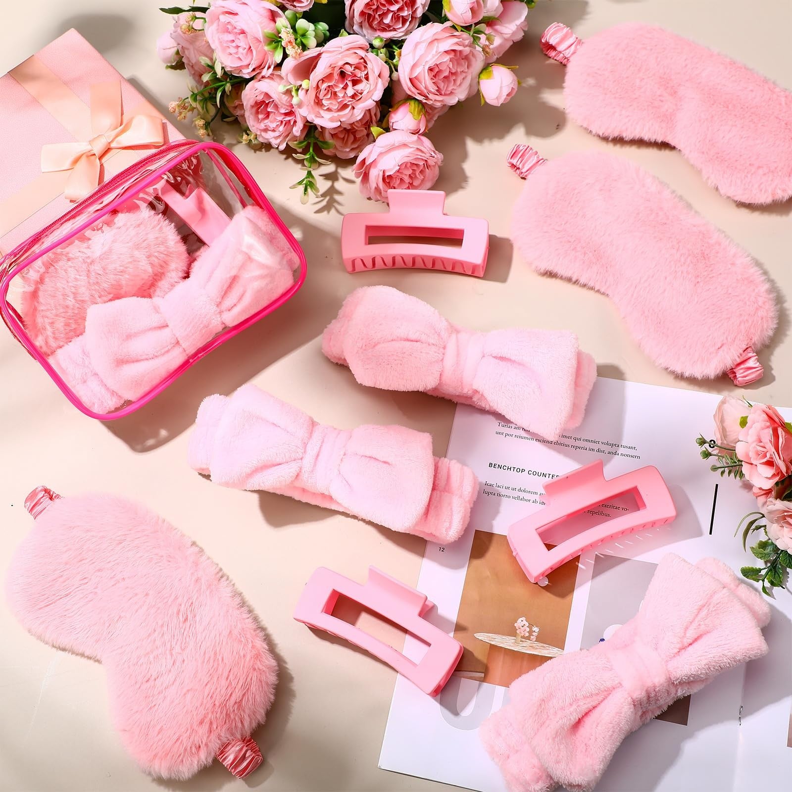 Hoteam Galentine spa party favors with 6 plush sleep masks and 6 spa headbands, perfect for relaxing spa event accessories.