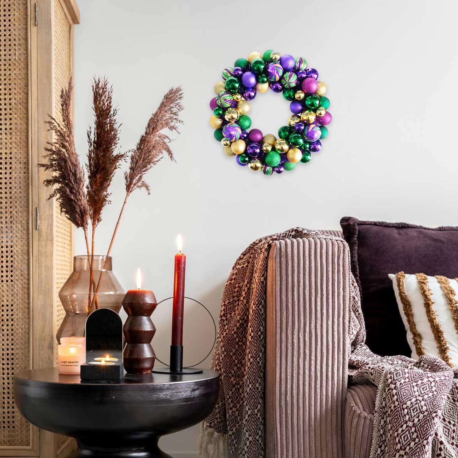 Colorful Bibelot Mardi Gras wreath with 18-inch decorative balls for front door decor. Bright, festive, Mardi Gras-themed wreath.