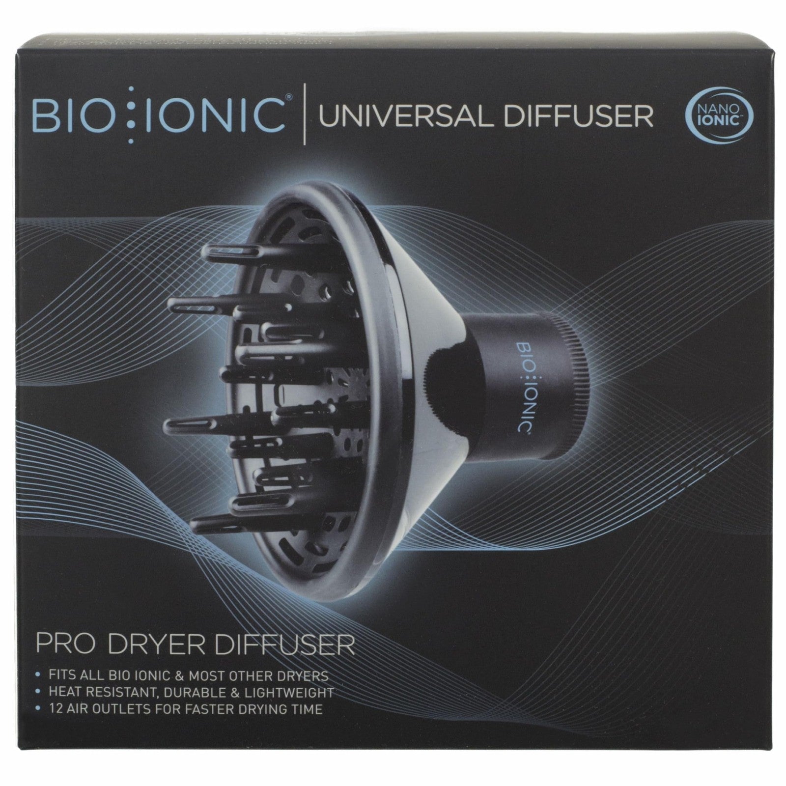 Bio Ionic universal diffuser for hair dryer, large plastic attachment with multiple vents for frizz control and fast drying.