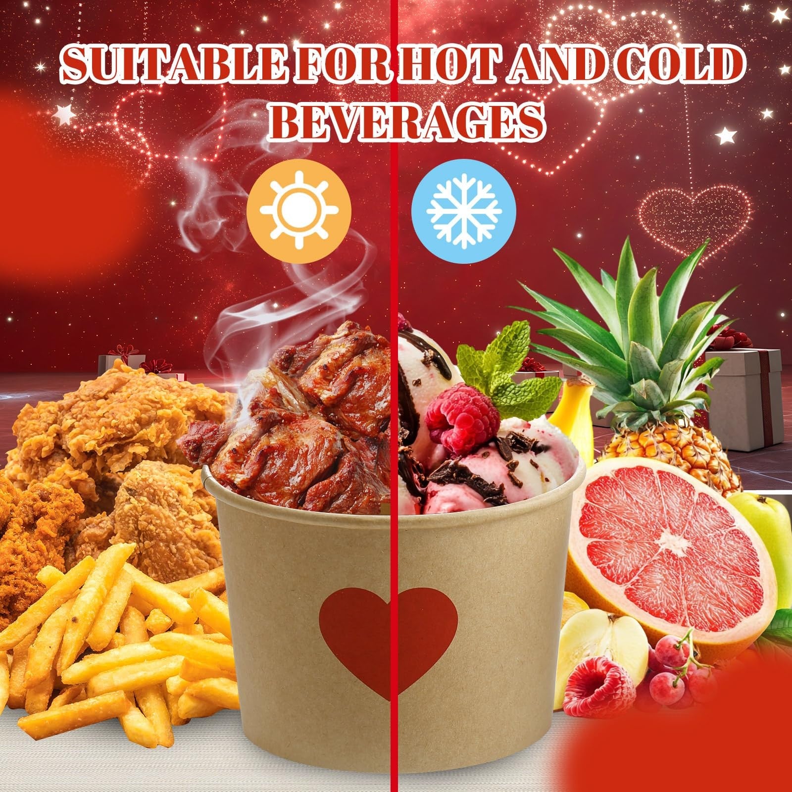 Hsei 60-pack 16oz disposable Valentine's Day soup bowls with heart designs and ice cream cups for parties or special occasions.
