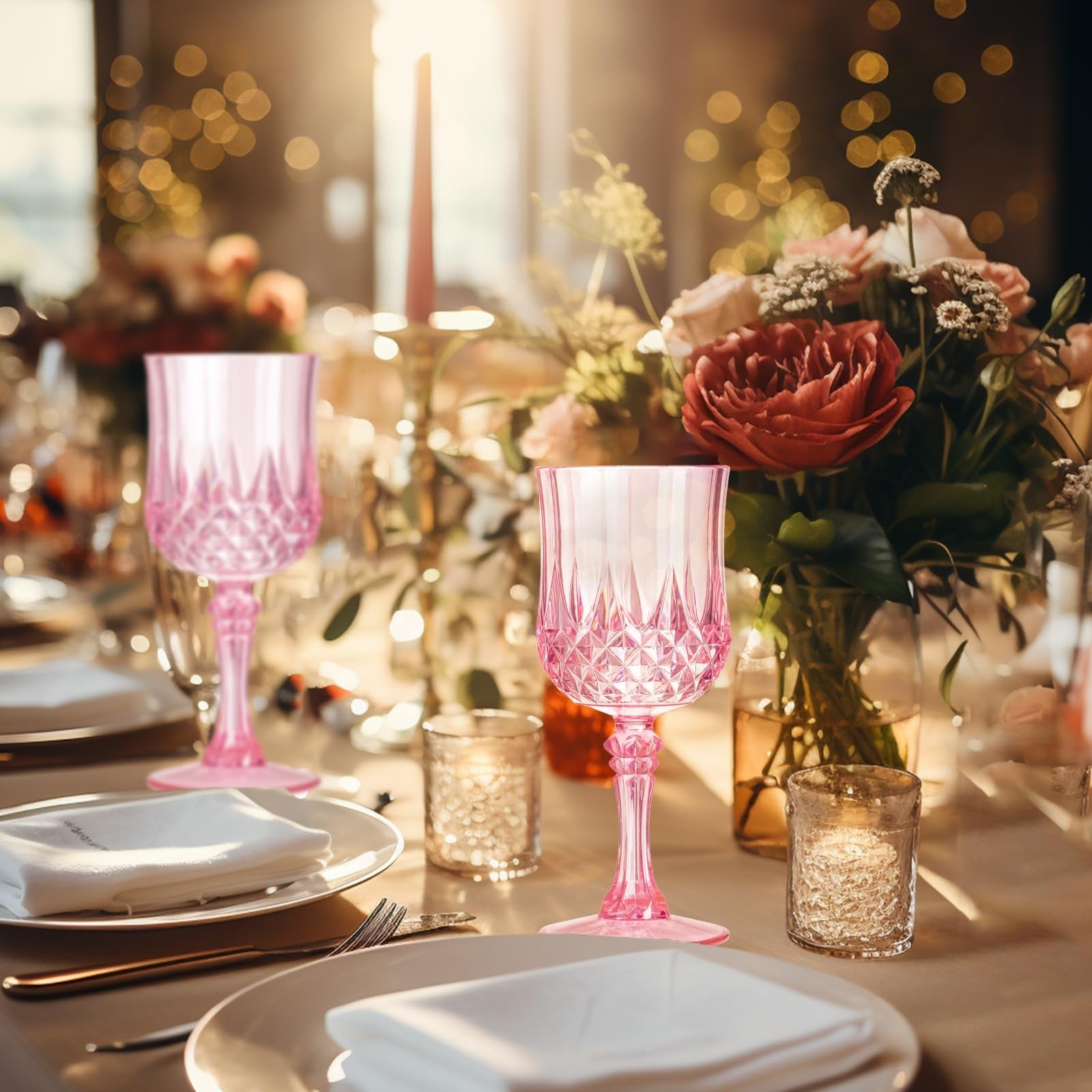 Set of 24 pink plastic wine glasses with stems, ideal for parties, featuring transparent plastic water goblets by XKXKKE.