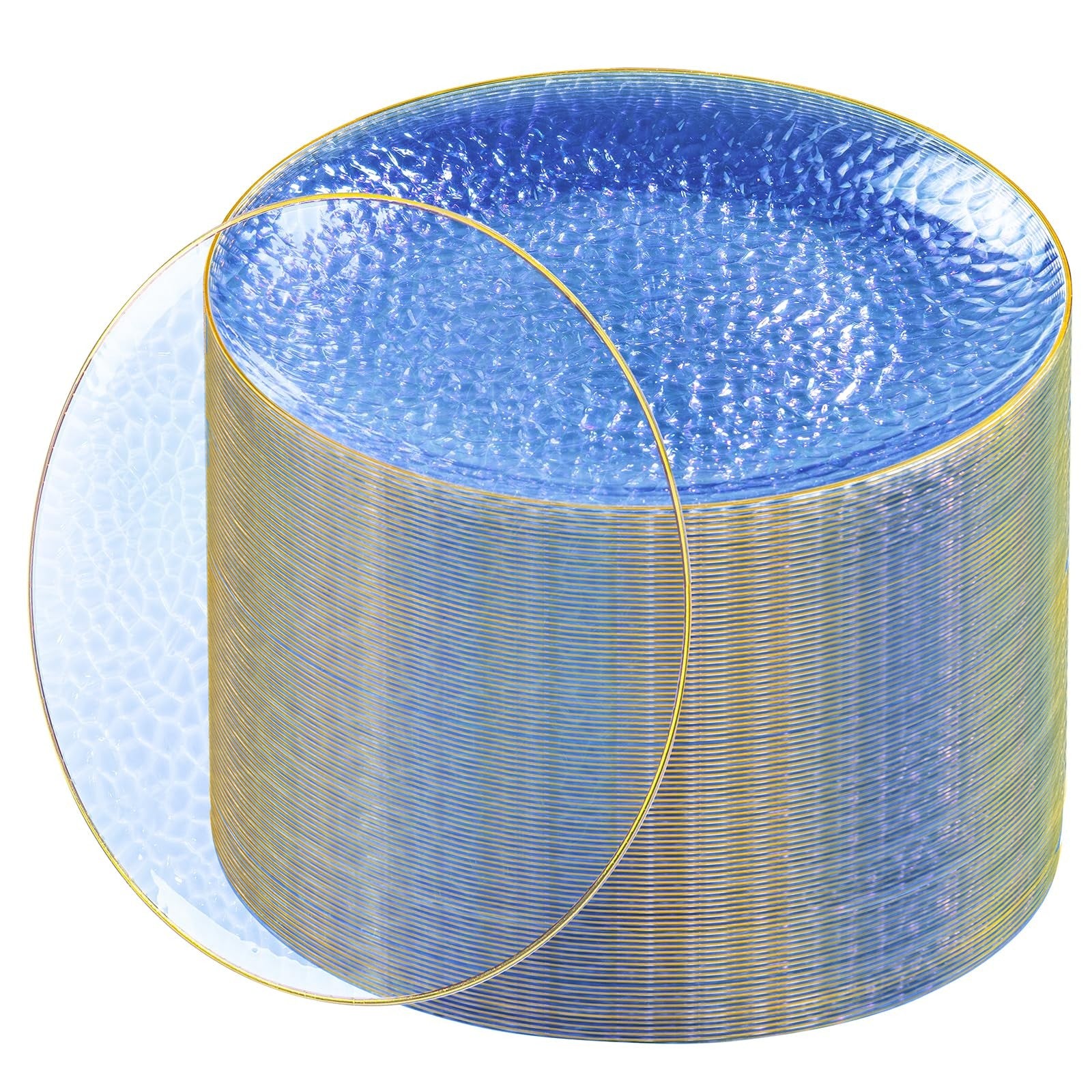 Set of 10-inch blue plastic plates with gold hammered rim, perfect for fancy dinner parties by Rubtlamp.