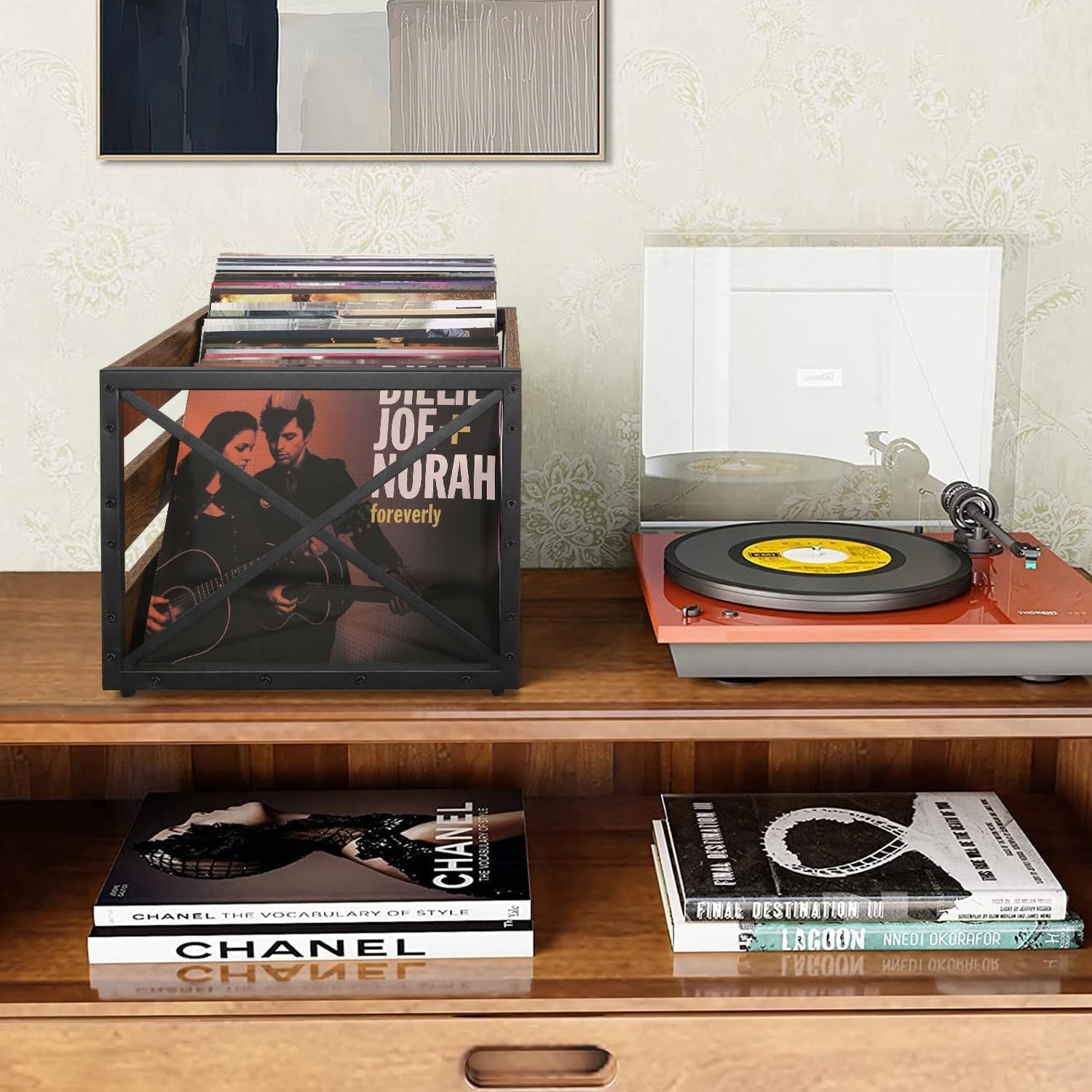 YINMIT large vinyl record storage crate with metal frame and wooden accents, designed for organizing LP records.