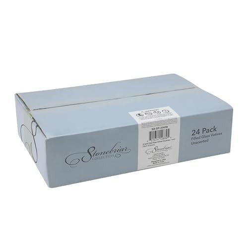 Set of 24 Stonebriar unscented long-burning clear glass ivory wax filled votive candles displayed in a box.