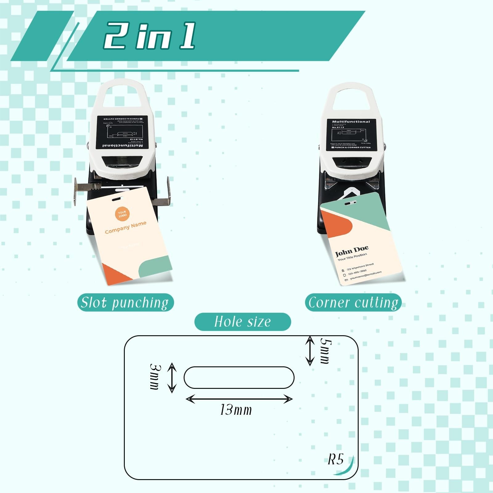 Engrowtic 2-in-1 ID badge slot hole punch and corner trimmer, handheld tool with 3x13mm slot punch and R5 corner trimming.