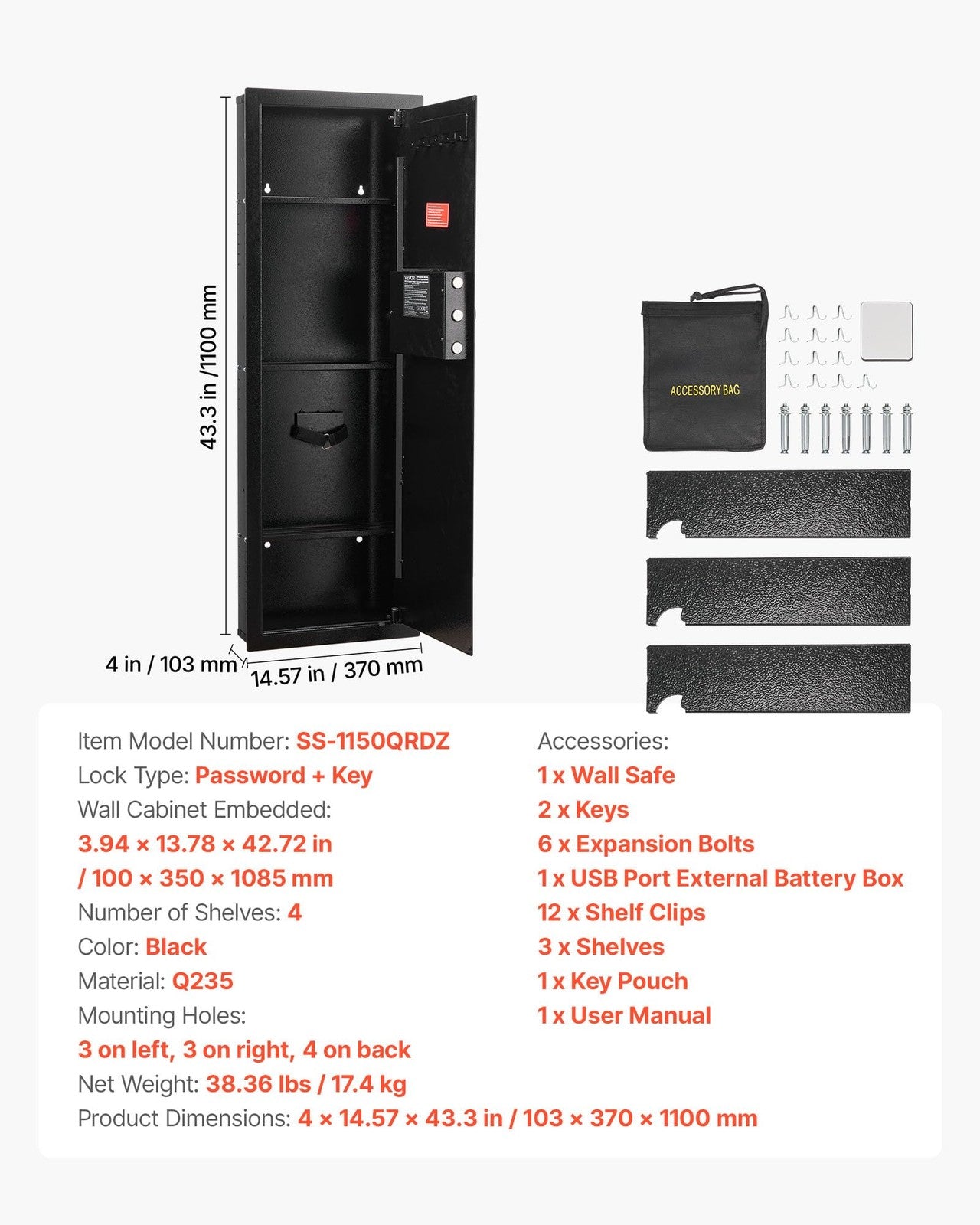 Vevor 43.3-inch high wall safe with 4-tier gun storage, hidden wall mounted design, keypad lock, and key access.