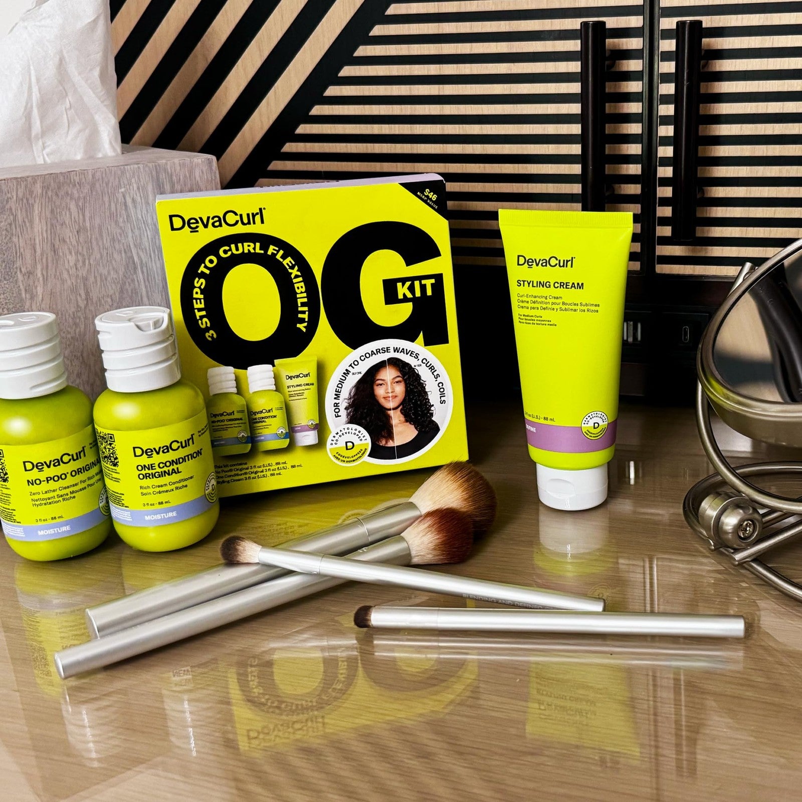 DevaCurl OG Kit with Original Curl Routine including No-Poo, One Condition, and Styling Cream for curly hair care.