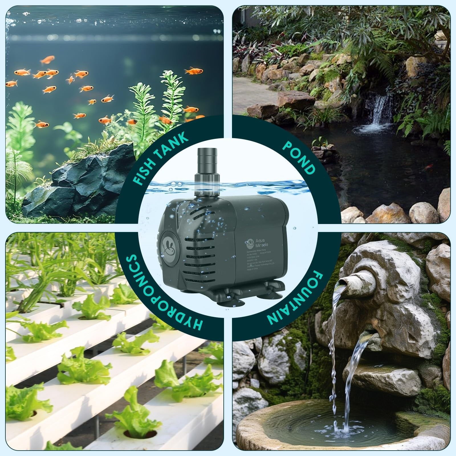 AquaMiracle 1160 GPH submersible water pump for ponds and aquariums, showcasing the compact pump with power cord and inlet filter.