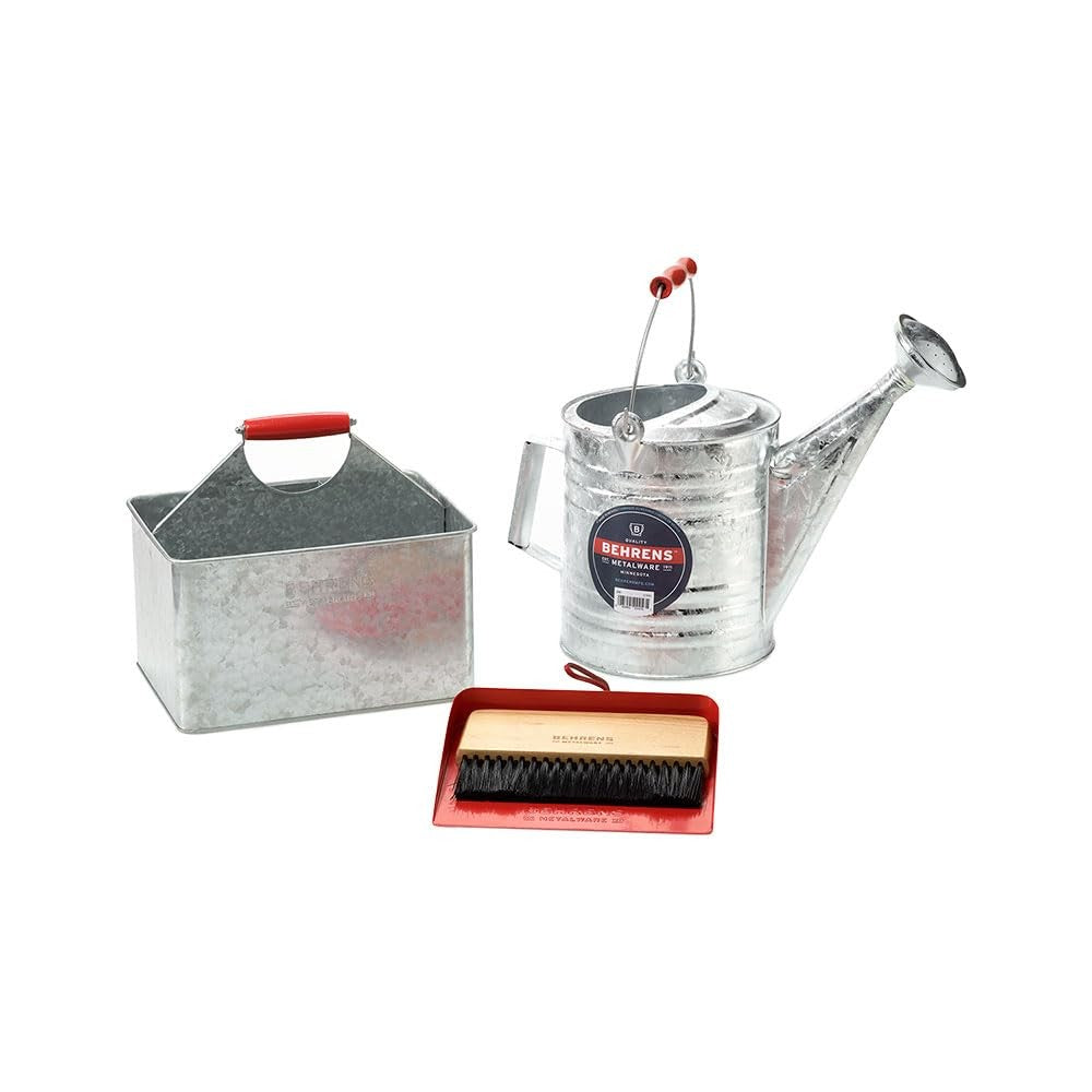 Galvanized rectangular partitioned cleaning caddy with red handle, ideal for organizing cleaning supplies, by Behrens.