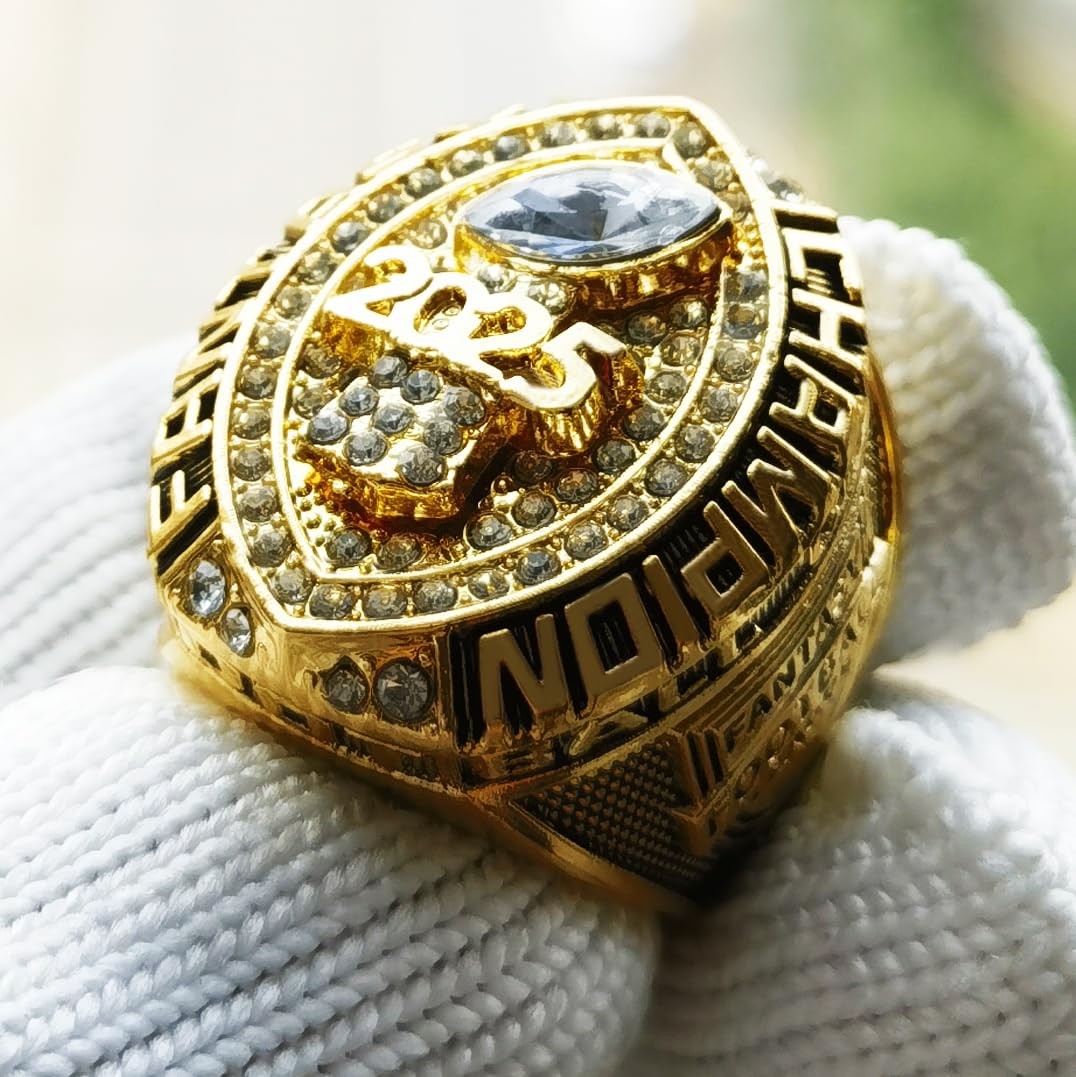 Noblehead 2025 Fantasy Football Championship Ring with detailed design and engraved FFL Champion Trophy in a close-up shot.