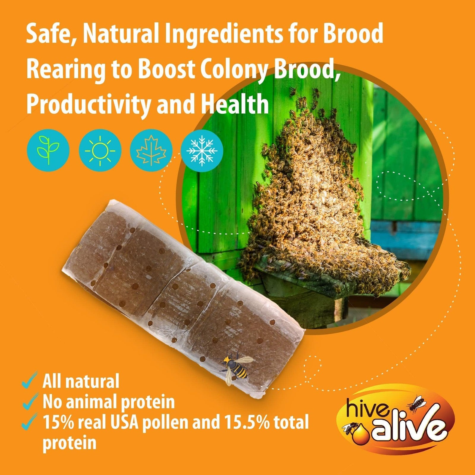 Hive Alive honey bee pollen patty, 10 lb pack, natural bee food with 10 individual 1 lb pollen patties for hive nourishment.